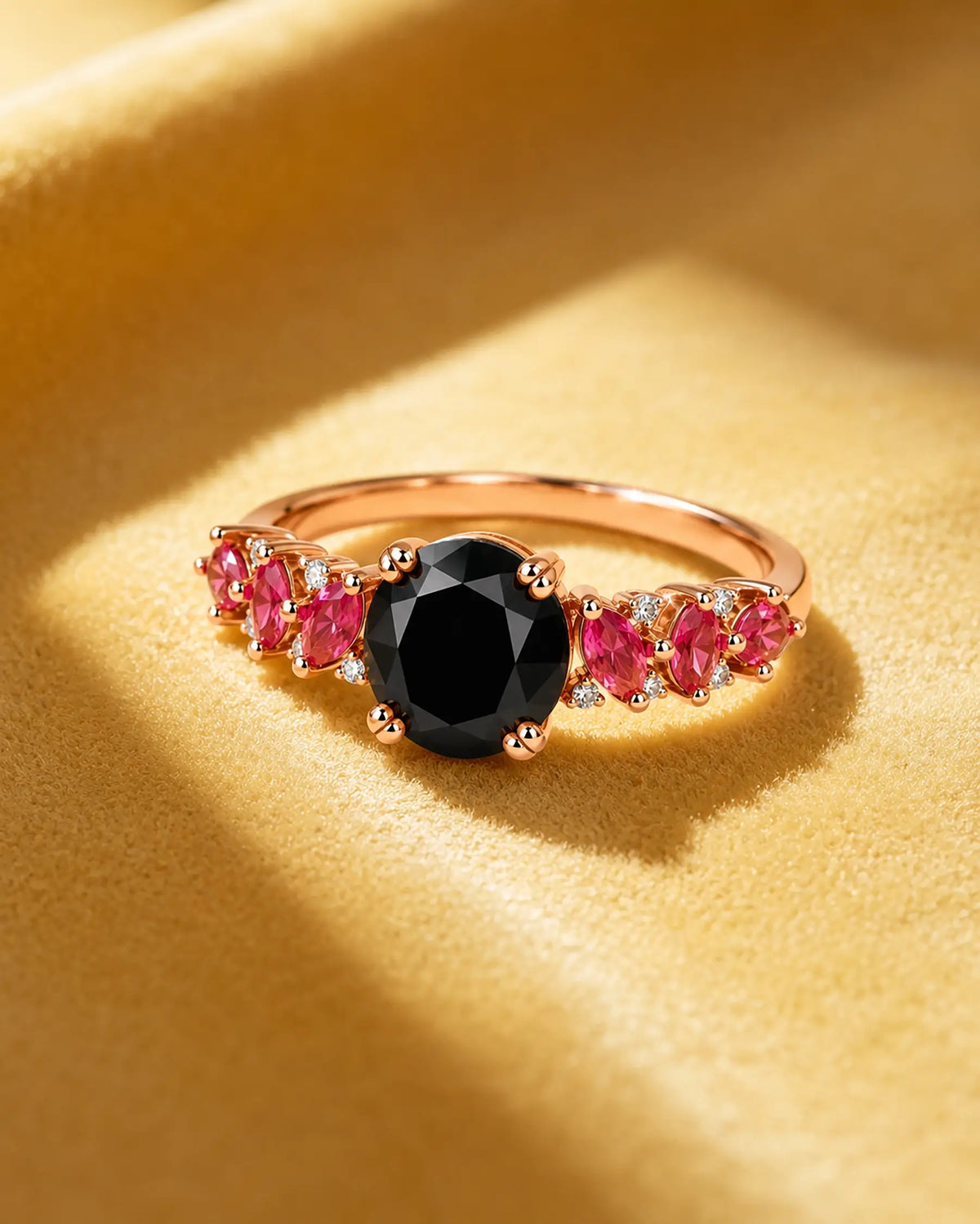 Artistic black moissanite and ruby engagement ring styled in a refined jewelry scene