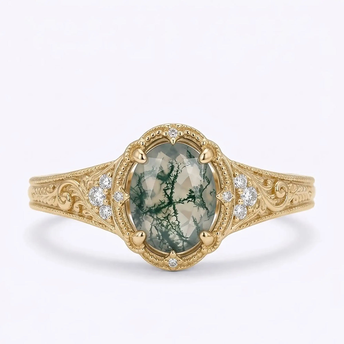 Vintage oval moss agate cluster engagement ring in yellow gold