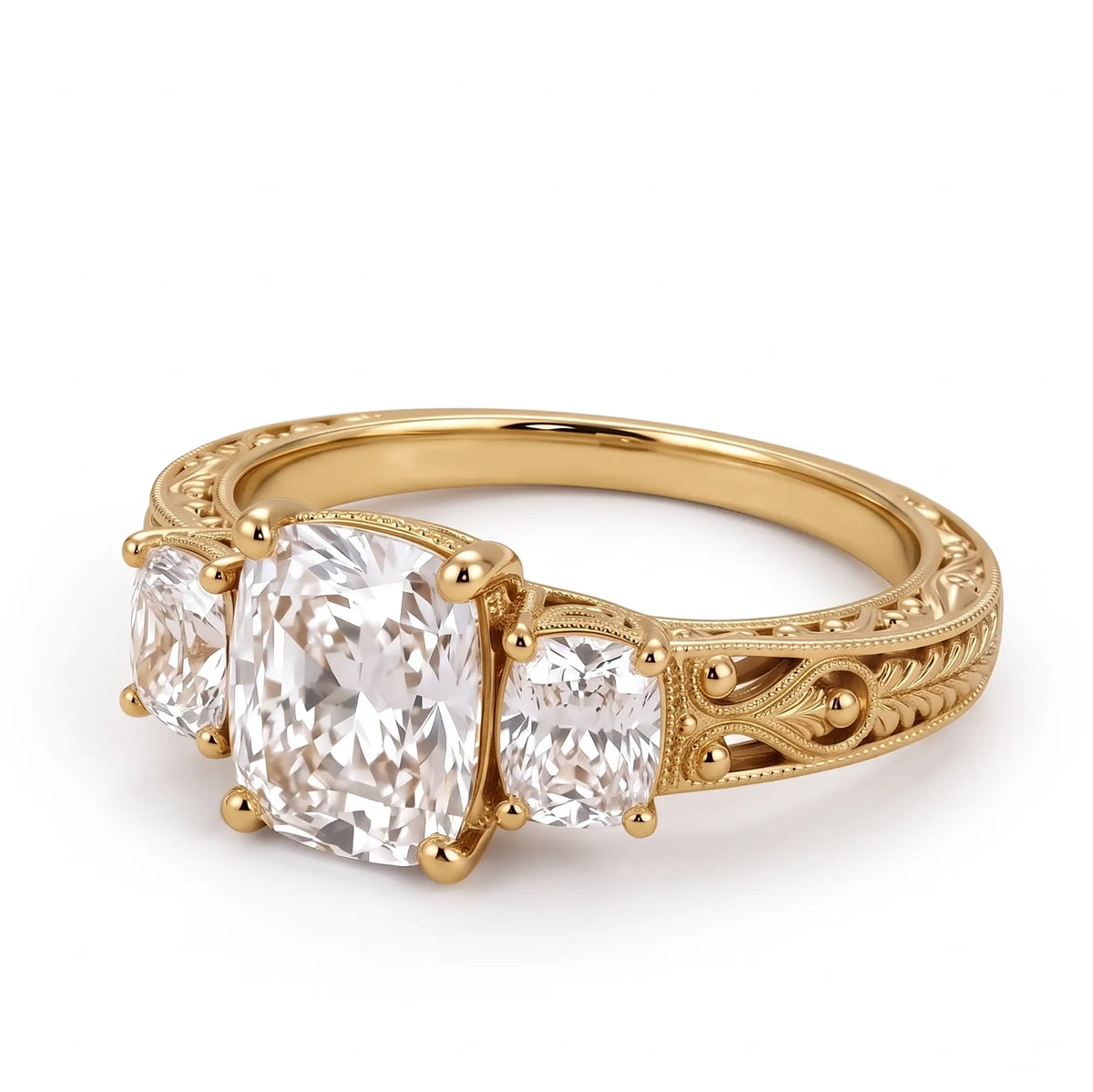 Side profile of vintage three stone diamond engagement ring highlighting its prong setting and antique filigree band