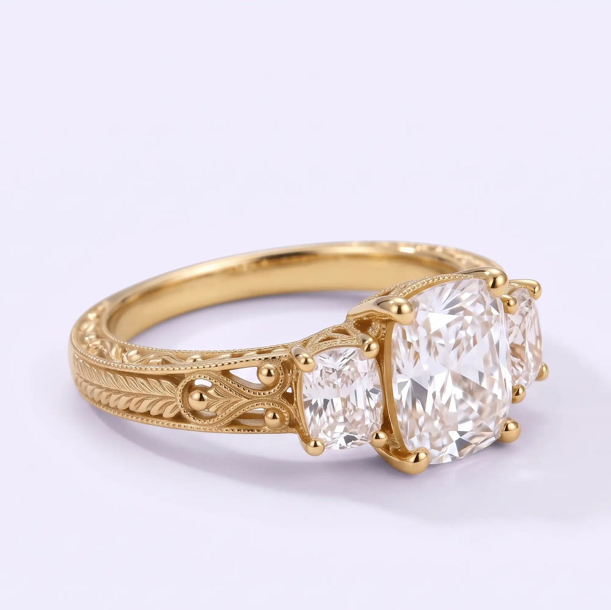 Macro view of cushion brilliant style lab grown diamond showing broad reflective facets and softly rounded corners
