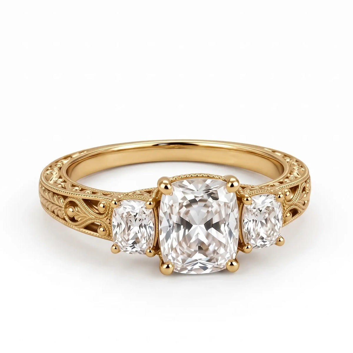 Two emerald cut lab grown diamond side stones completing a classic vintage three stone engagement ring