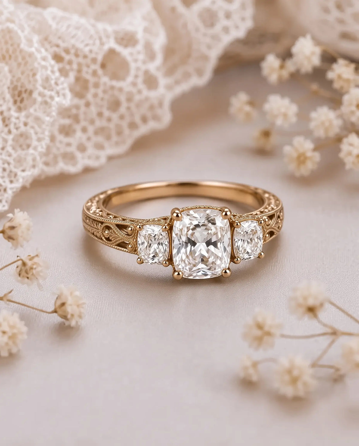 Close up of delicate milgrain edging and ornamental engraving on a vintage yellow gold engagement ring