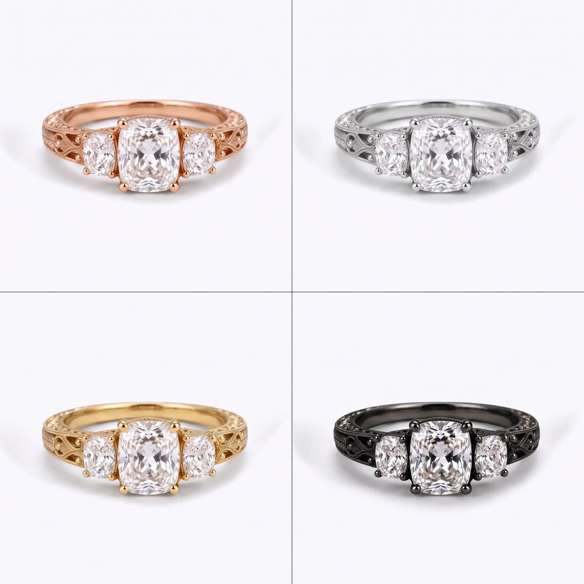 Vintage cushion cut lab diamond three stone ring in yellow gold white gold rose gold and black gold finishes