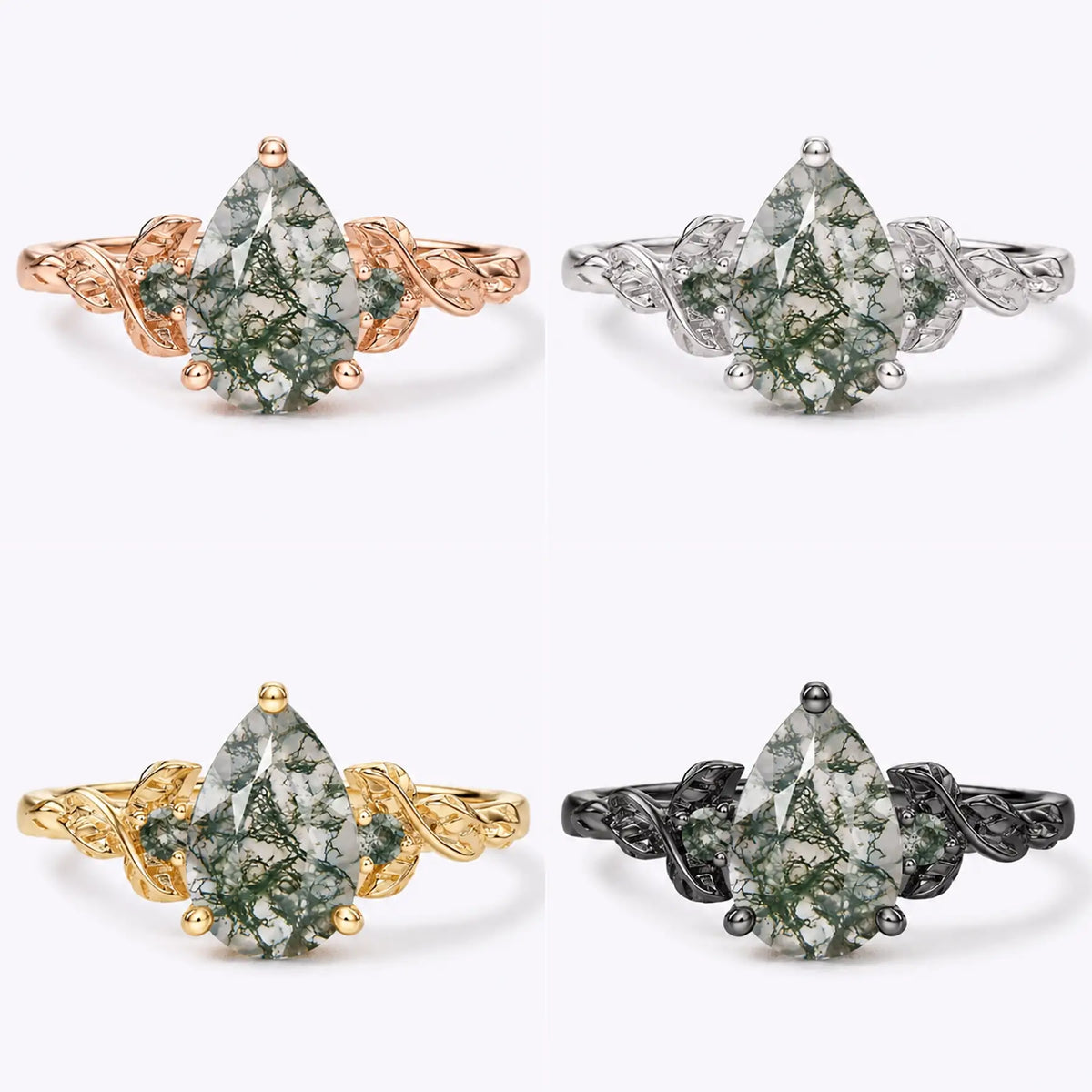 Four-color metal options grid of the pear moss agate leaf ring in black gold, white gold, rose gold, and yellow gold