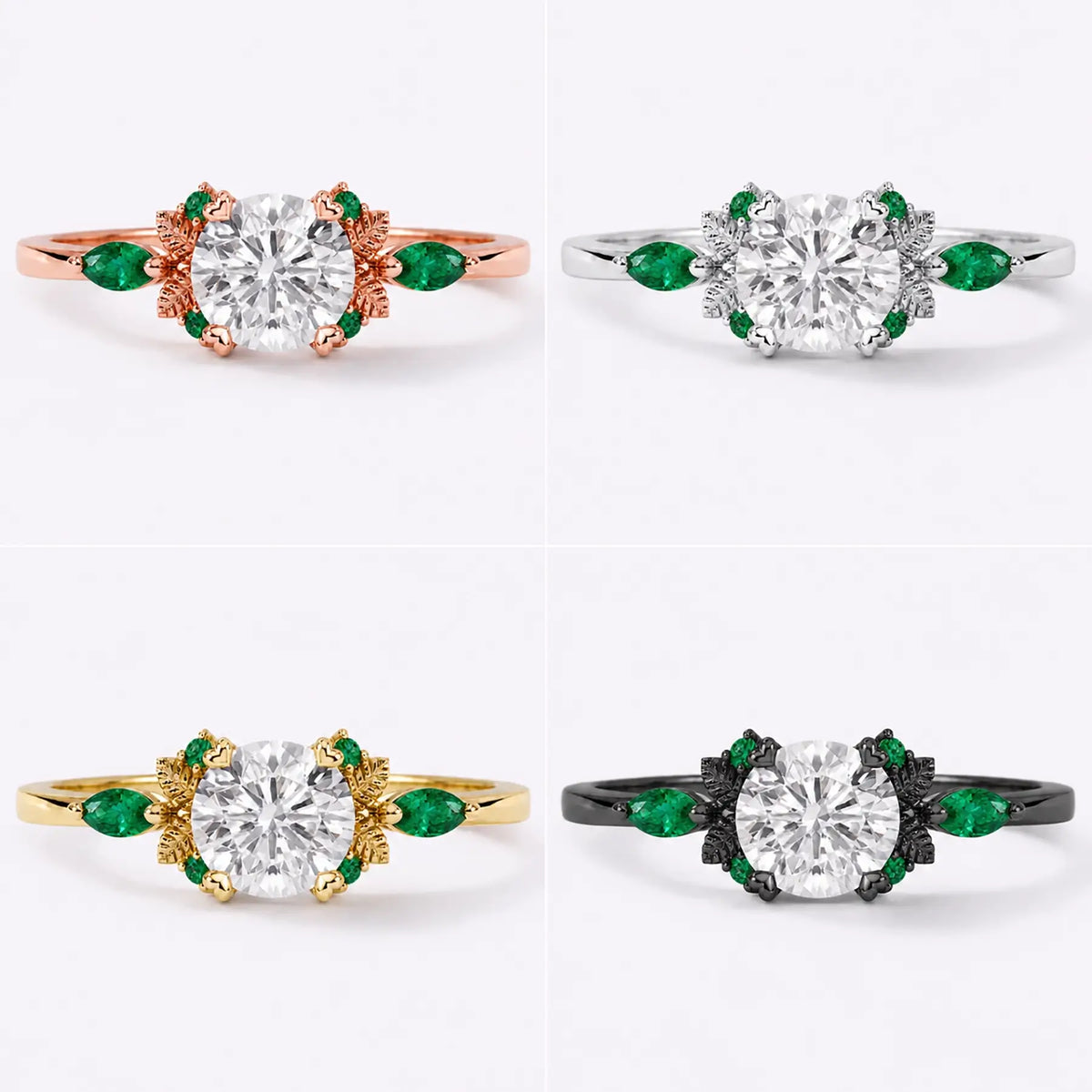 Moissanite leaf ring shown in black gold, white gold, rose gold, and yellow gold