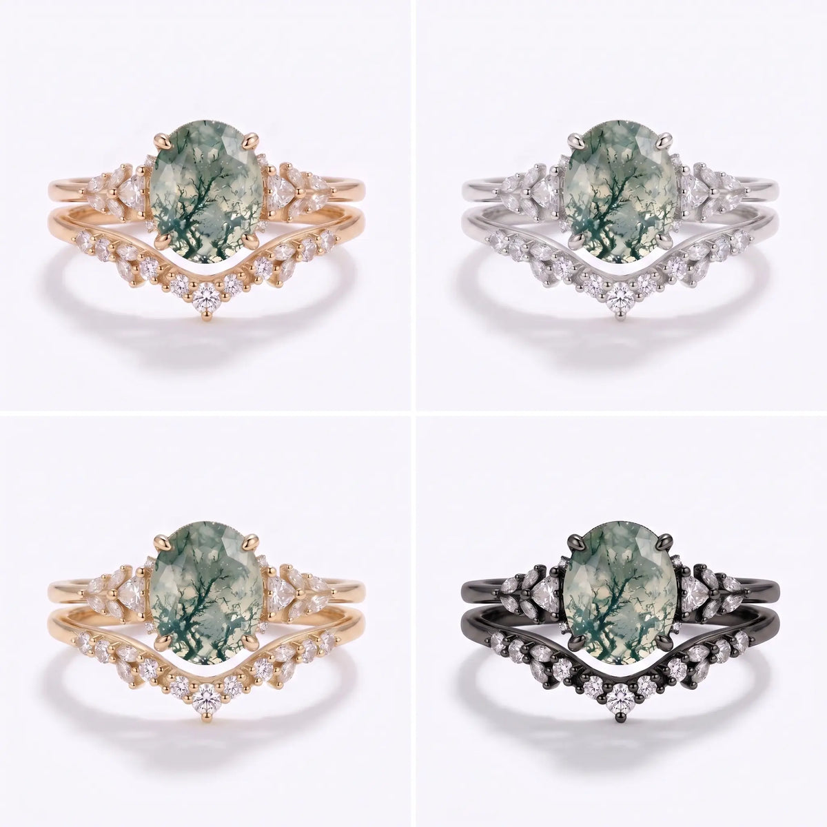 Nature-inspired oval moss agate bridal ring set in solid gold