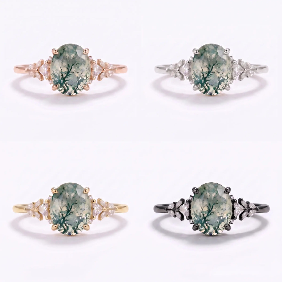Oval moss agate cluster ring shown in black gold, white gold, rose gold, and yellow gold
