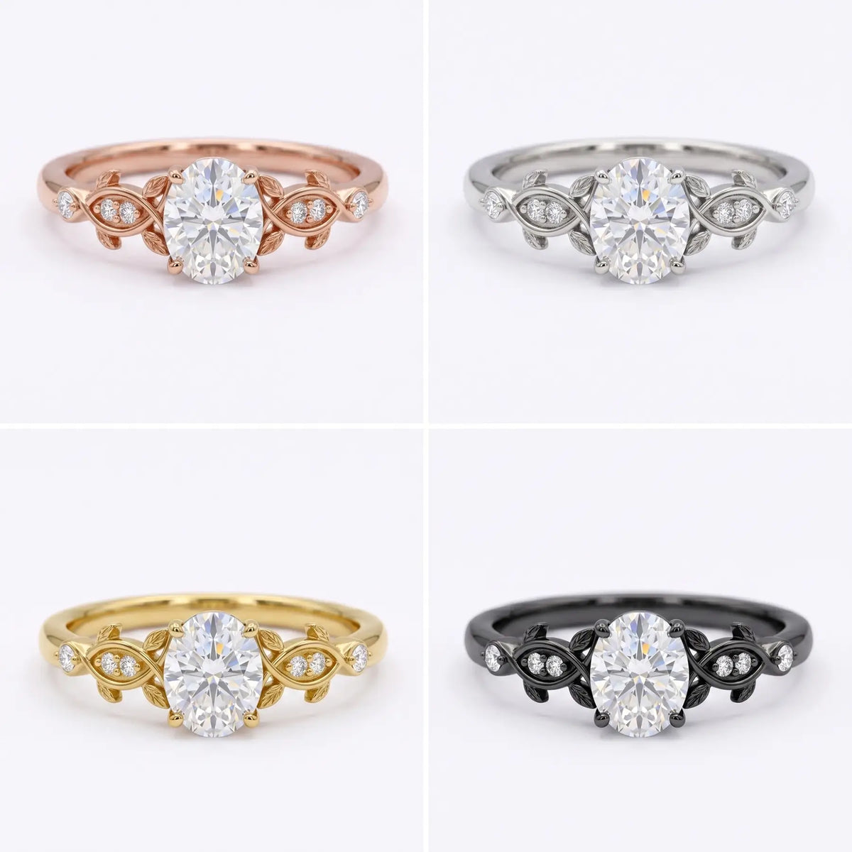 Front view matrix of Vespera oval moissanite branch ring in black gold, rose gold, yellow gold, and white gold