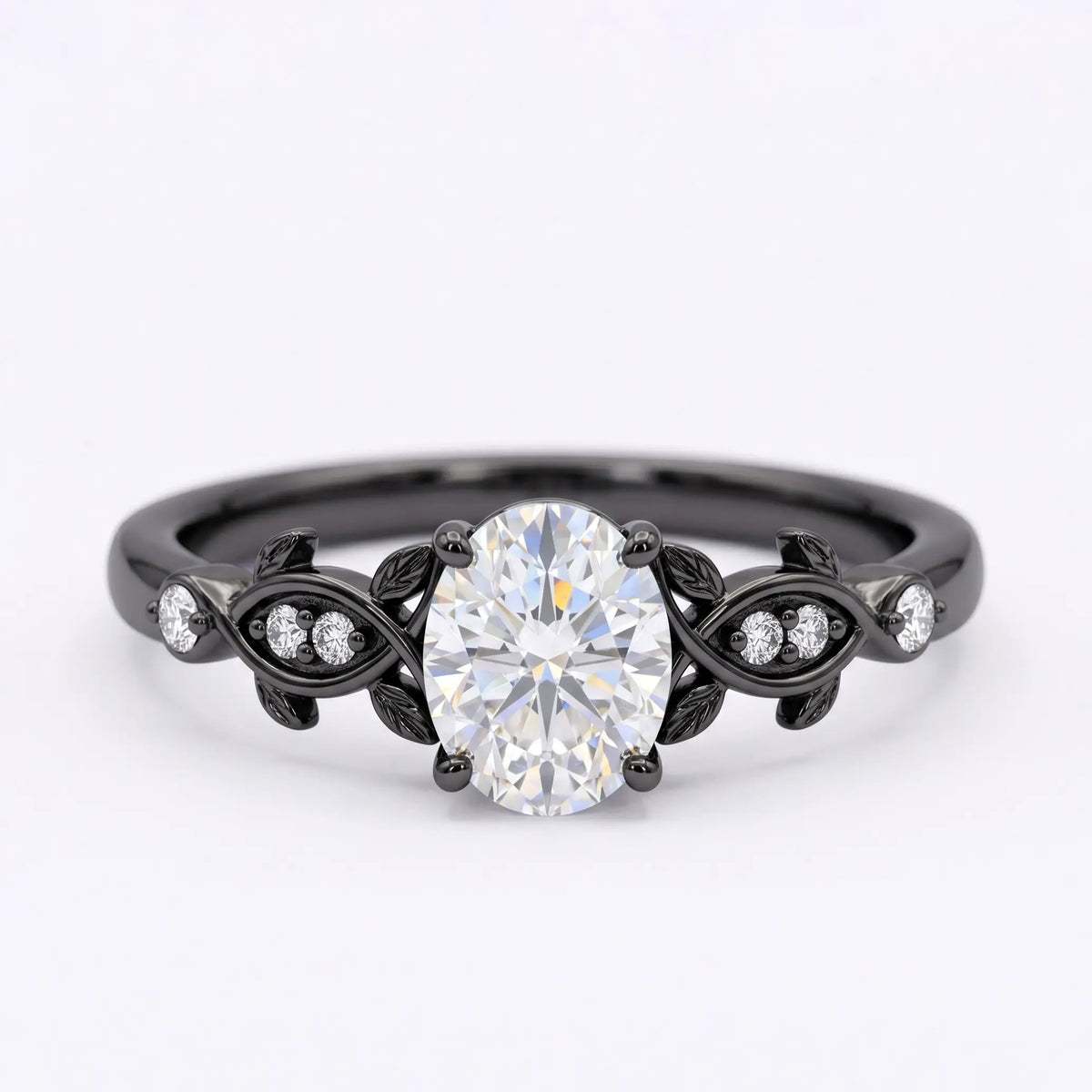 Handcrafted oval moissanite twisted leaf black gold engagement ring - Vespera by Orleone