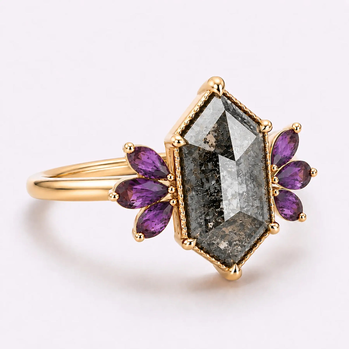 Side view of floral cluster engagement ring with a slim solid gold band