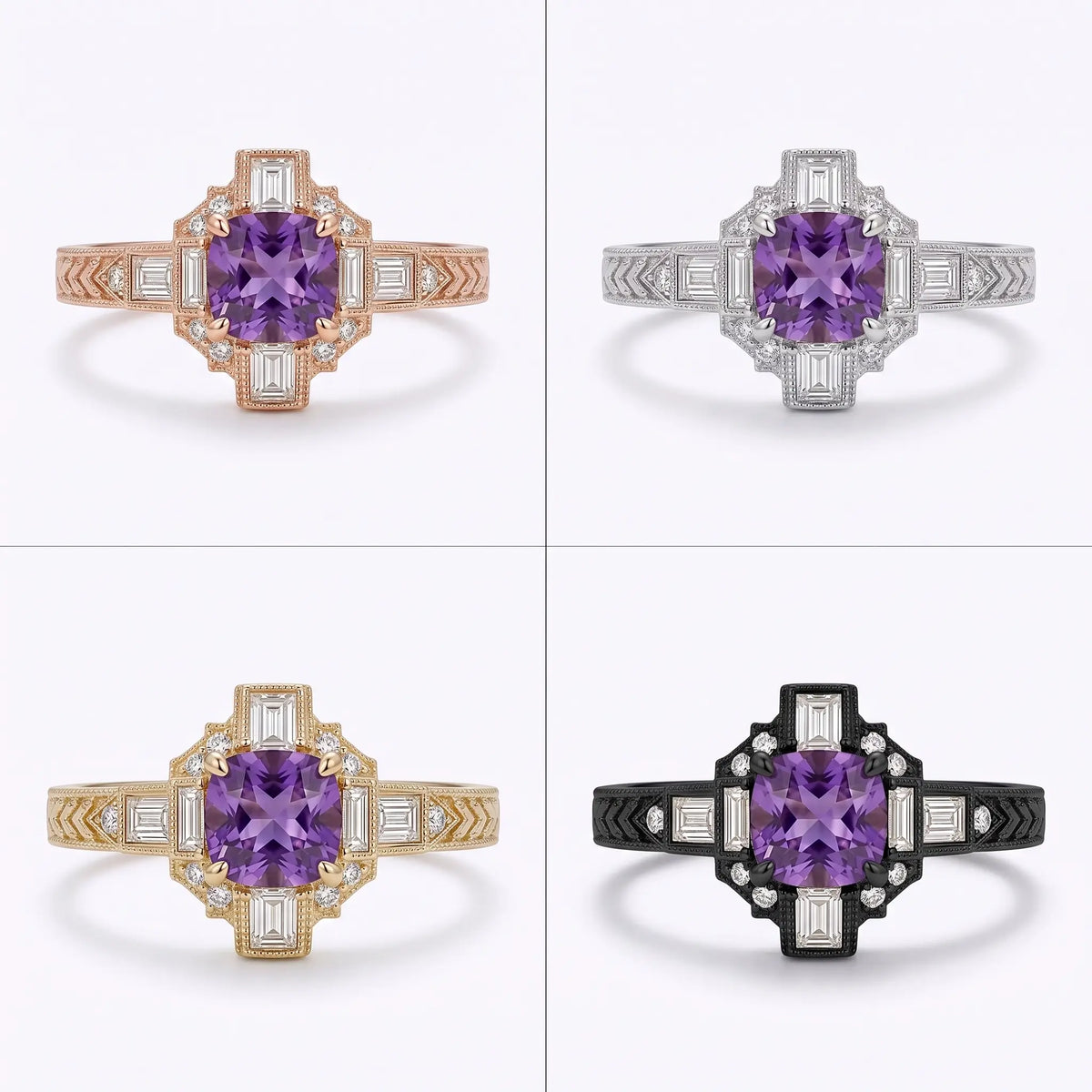 Cushion cut lab alexandrite Art Deco engagement ring displayed in yellow white rose and black gold options