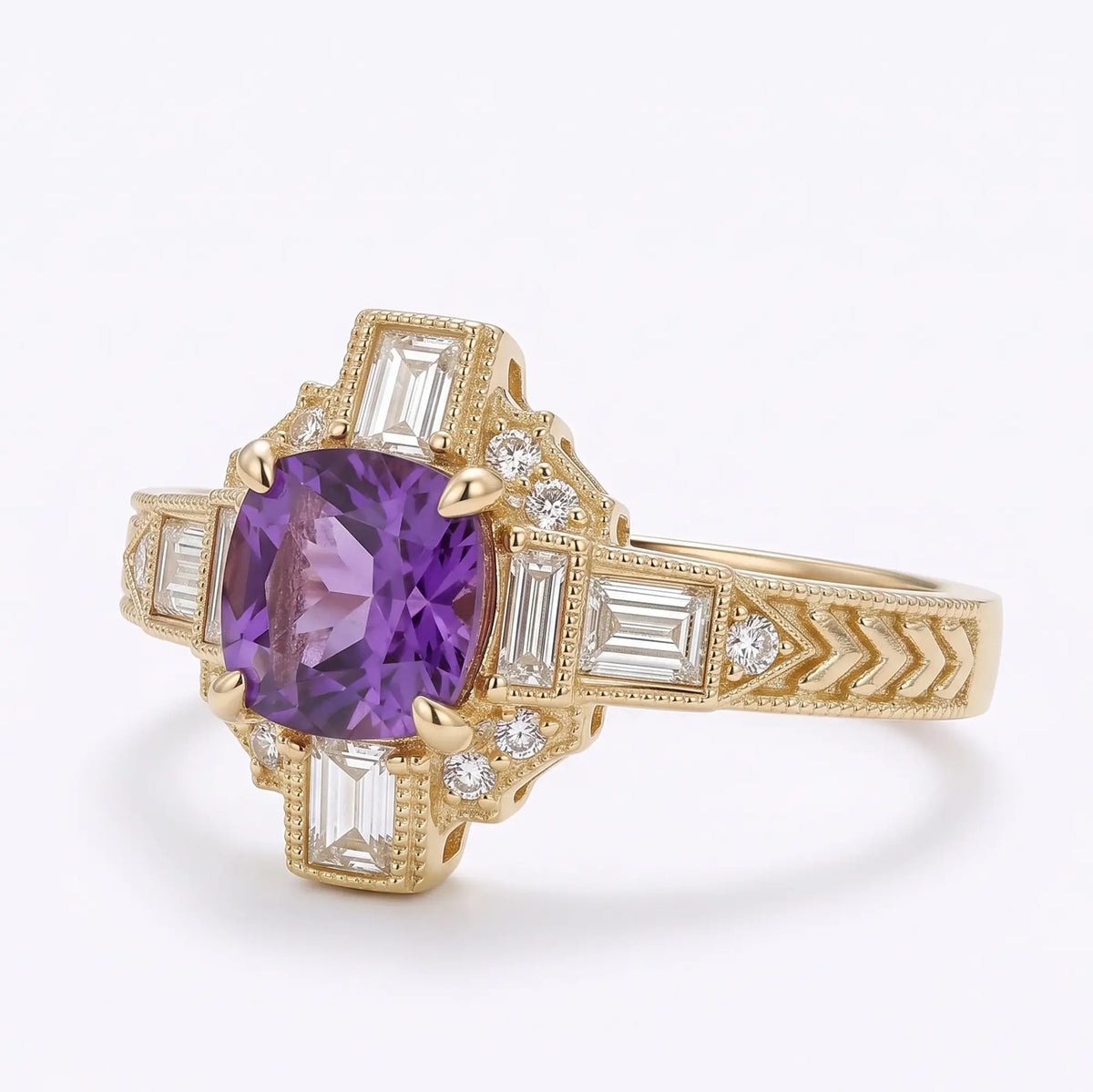 Front view of cushion cut purple lab alexandrite engagement ring with symmetrical Art Deco geometric cluster setting