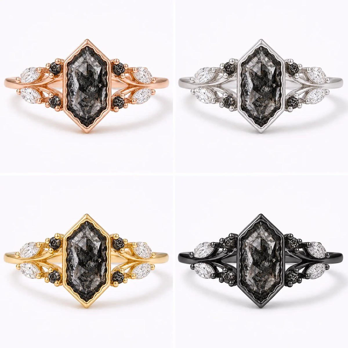 Close-up of natural salt and pepper diamond center stone with marquise and round diamond accents