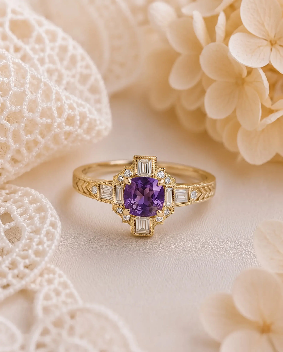 Rectangular step cut moissanite accents forming a symmetrical geometric frame around a cushion alexandrite