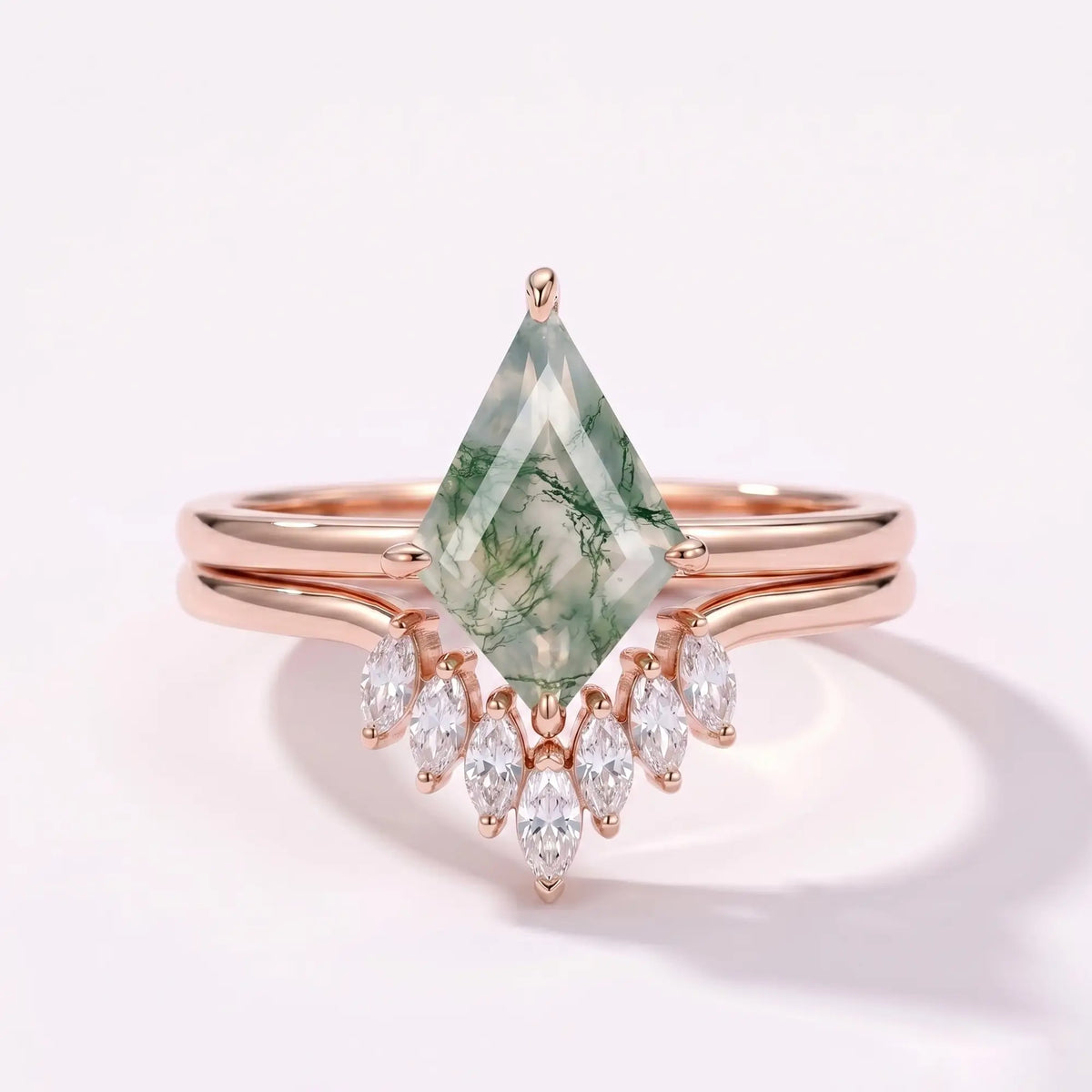Handcrafted 2-piece minimalist kite-cut moss agate solitaire and marquise moissanite chevron wedding band set by Orleone