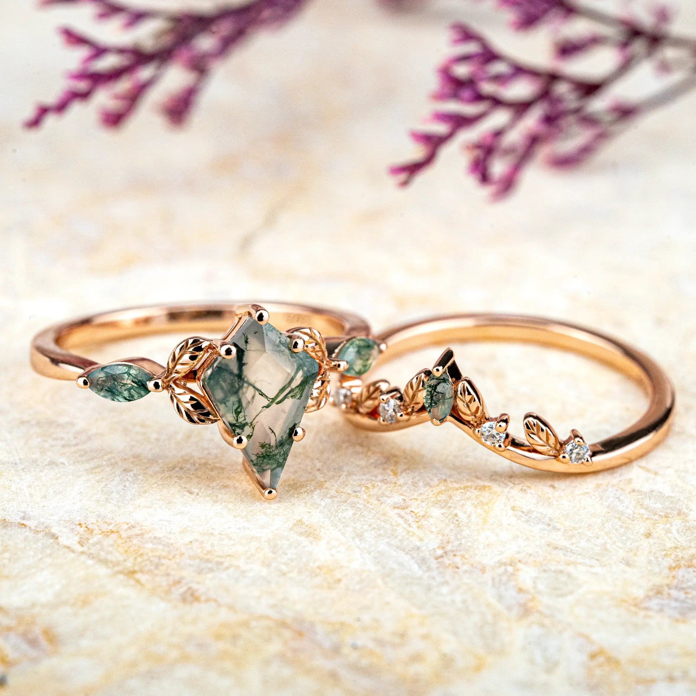 Kite Cut Moss Agate Engagement Ring Set – Nature-Inspired Elegance Unique Leaf Type Design