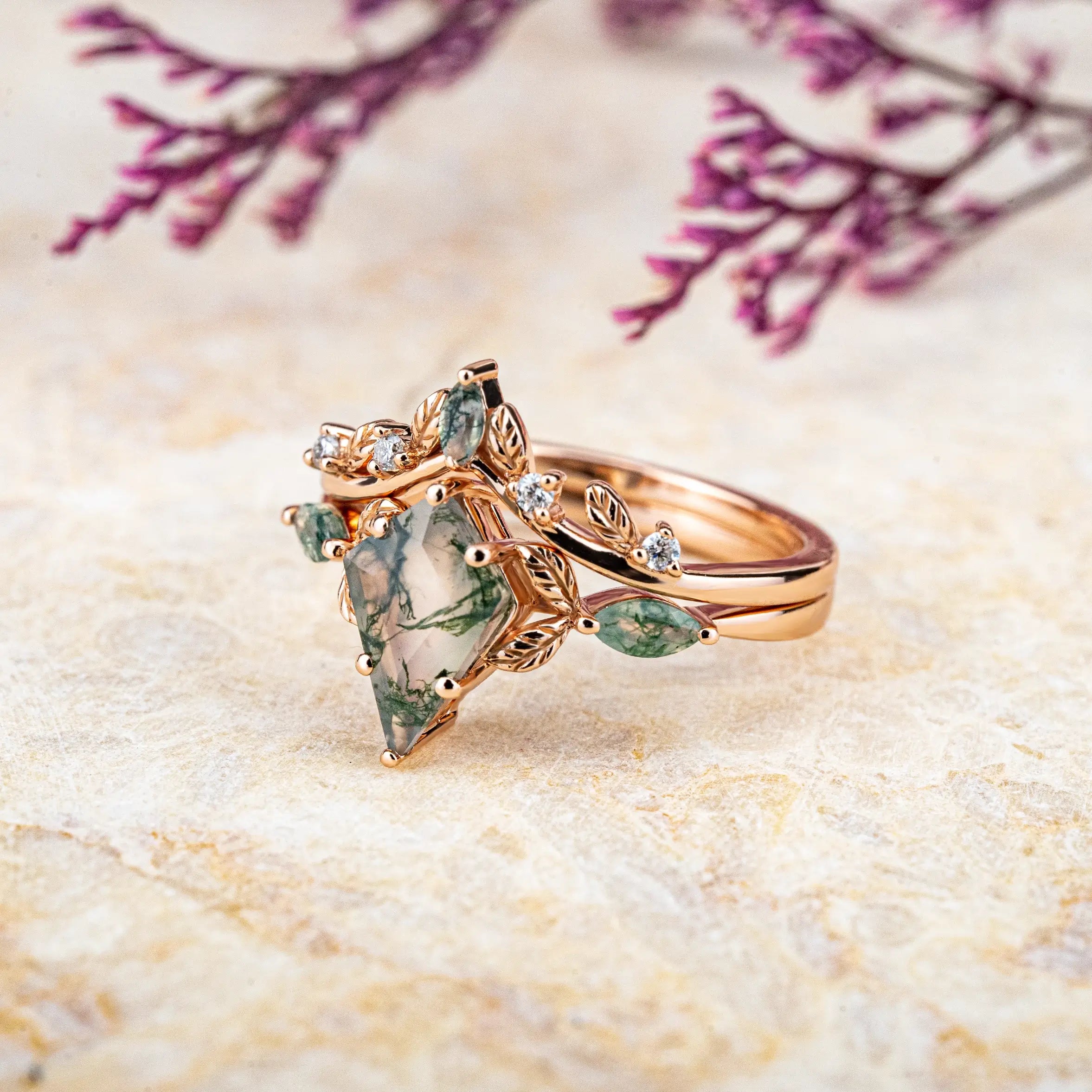 Kite Cut Moss Agate Engagement Ring Set – Nature-Inspired Elegance Unique Leaf Type Design for women