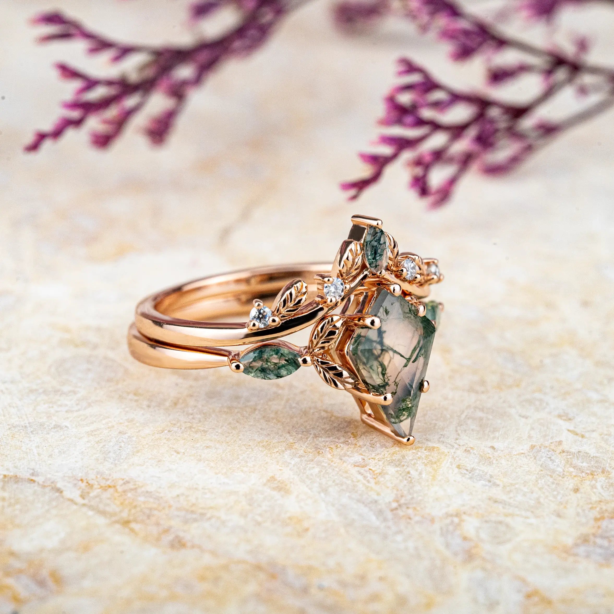 Kite Cut Moss Agate Engagement Ring Set – Nature-Inspired Elegance Unique Leaf Type Design