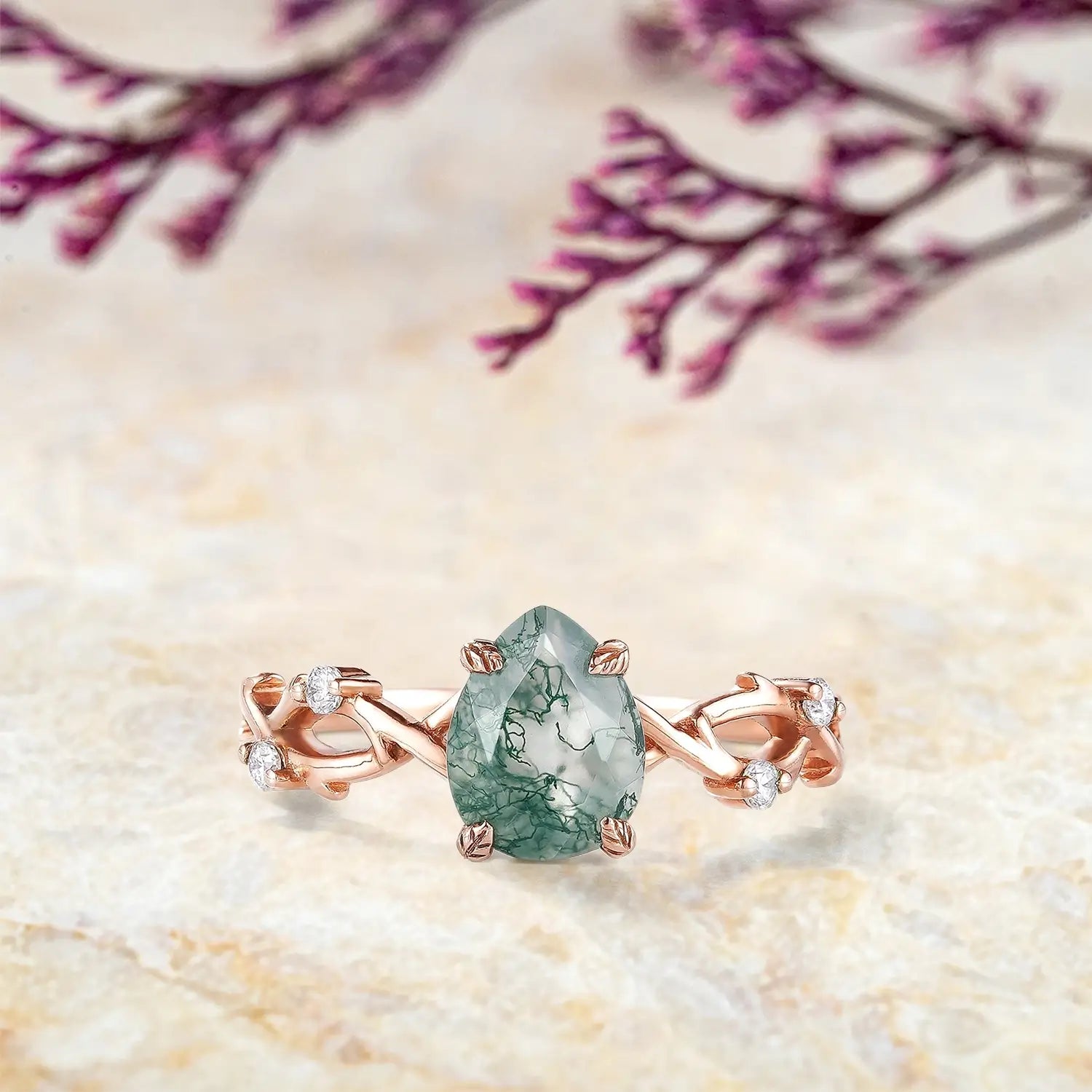 Pear Cut Moss Agate Vine Leaf Engagement Ring Custom womens promise art deco ring