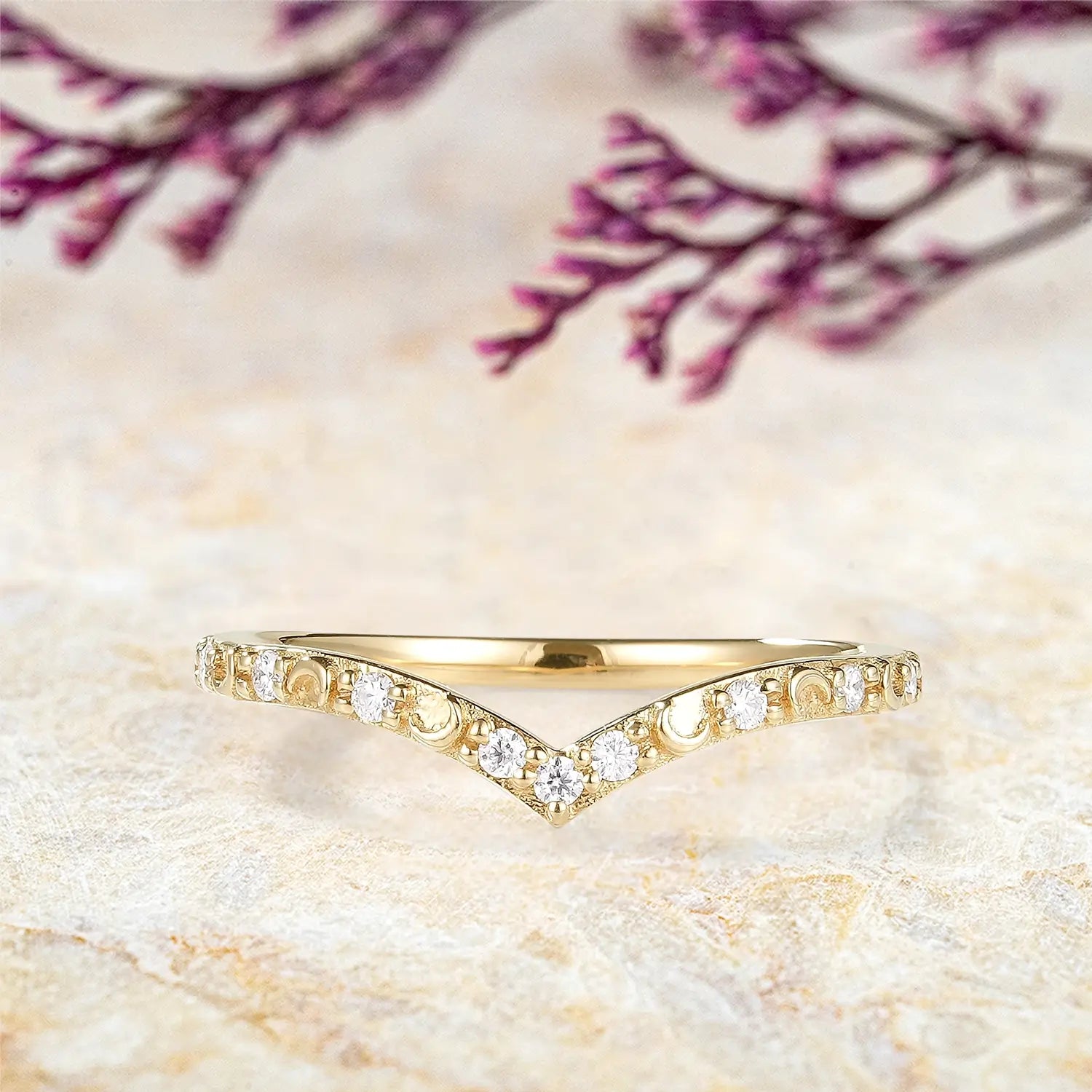 Golden Moonlight Moissanite Stacking Band – Celestial Inspired Wedding Band | orleone