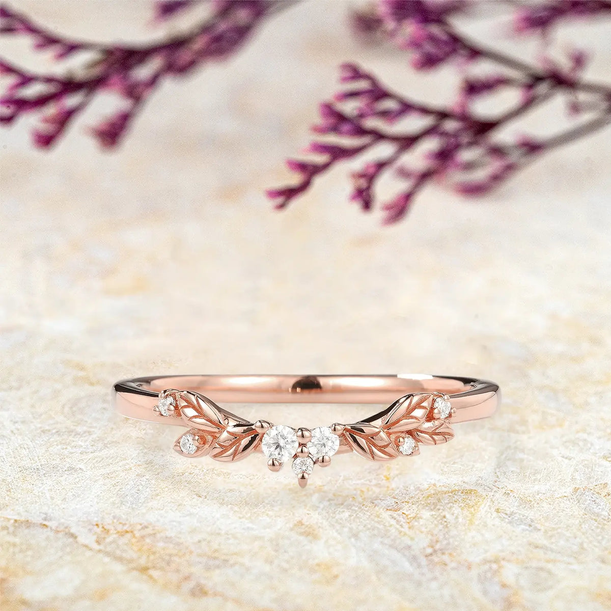 Whispers of Nature Moissanite Wedding Band – Delicate Leaf Design | orleone rose gold