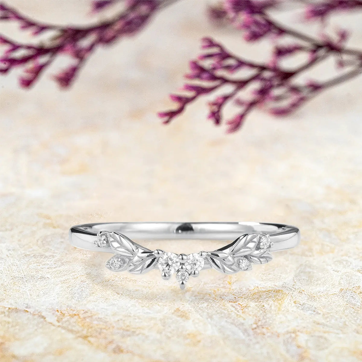 Whispers of Nature Moissanite Wedding Band – Delicate Leaf Design | orleone white gold