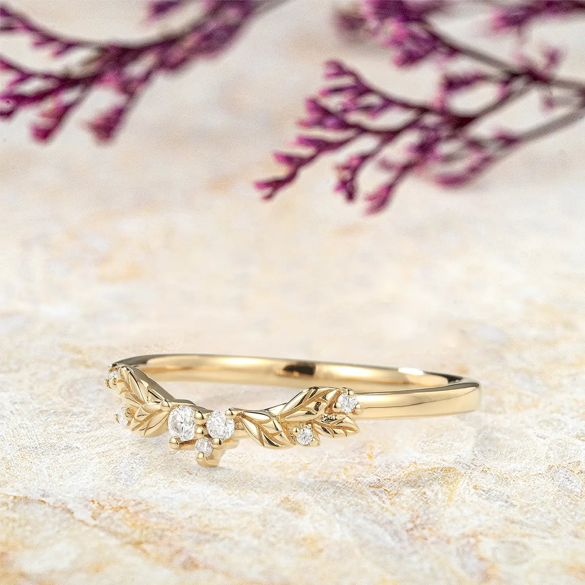 Whispers of Nature Moissanite Wedding Band – Delicate Leaf Design | orleone