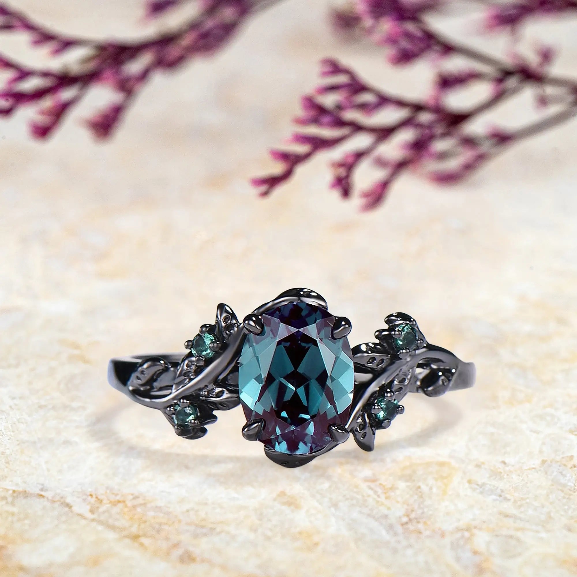Oval Alexandrite Ring Black Gold Nature Twig Band June Birthstone