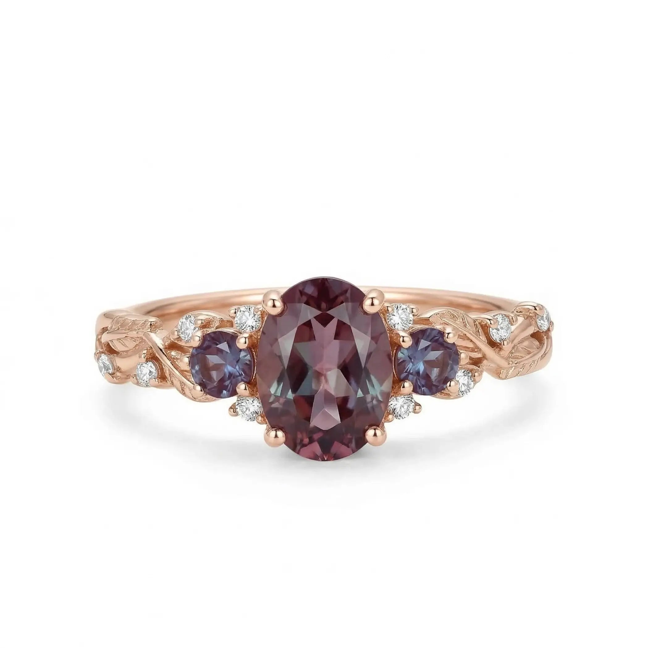 oval alexandrite three stone engagement ring with leaf band vintage nature inspired alexandrite ring with moissanite accents rose gold