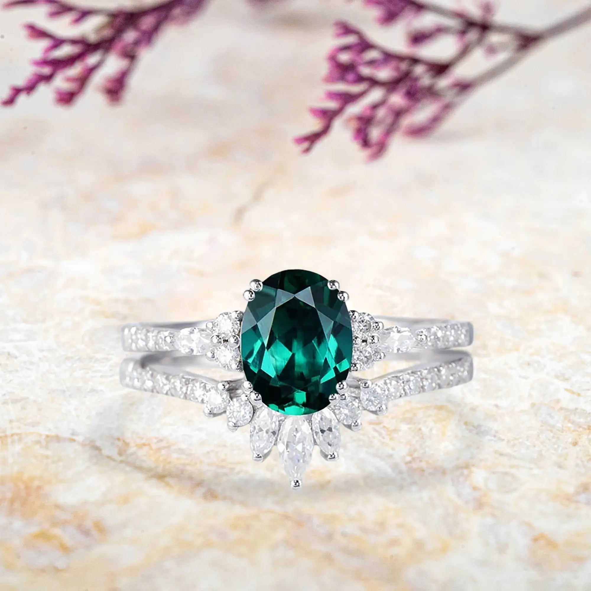 Oval Emerald Engagement Ring Set White Gold Cluster Diamond Band - Verdant