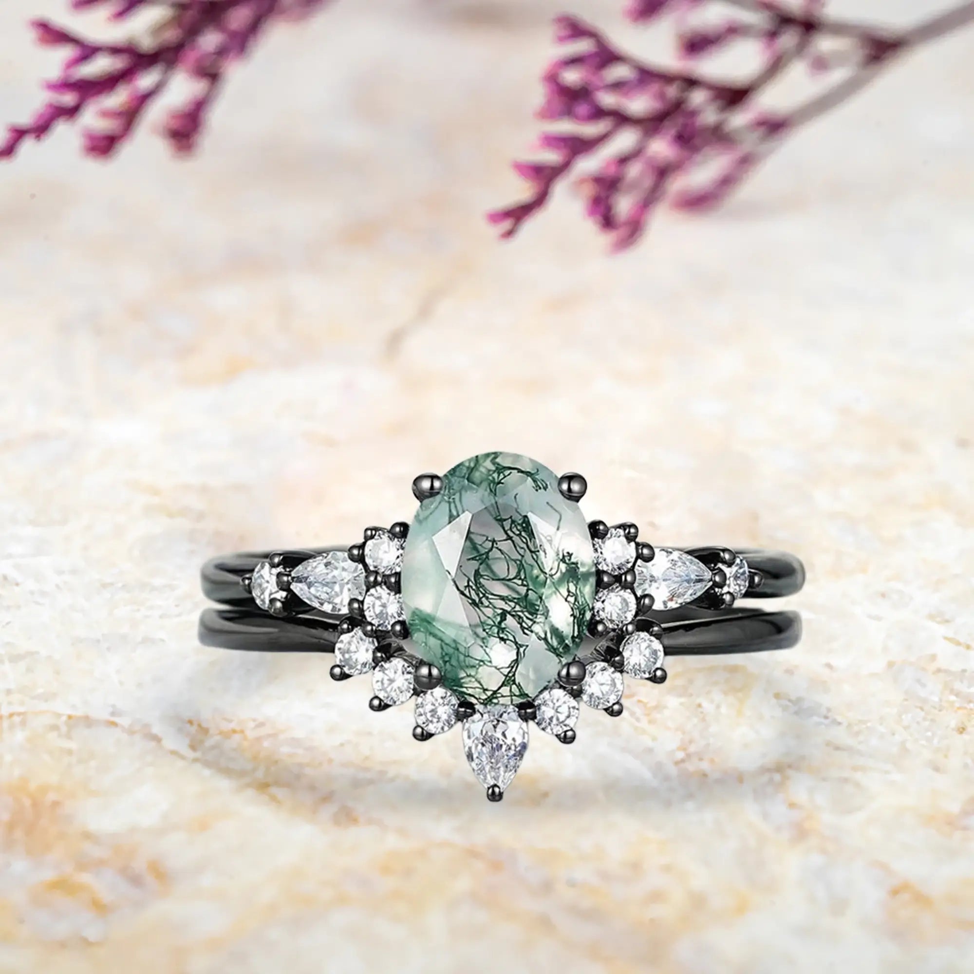 Oval moss agate bridal set with moissanite halo in black gold Gothic wedding rings