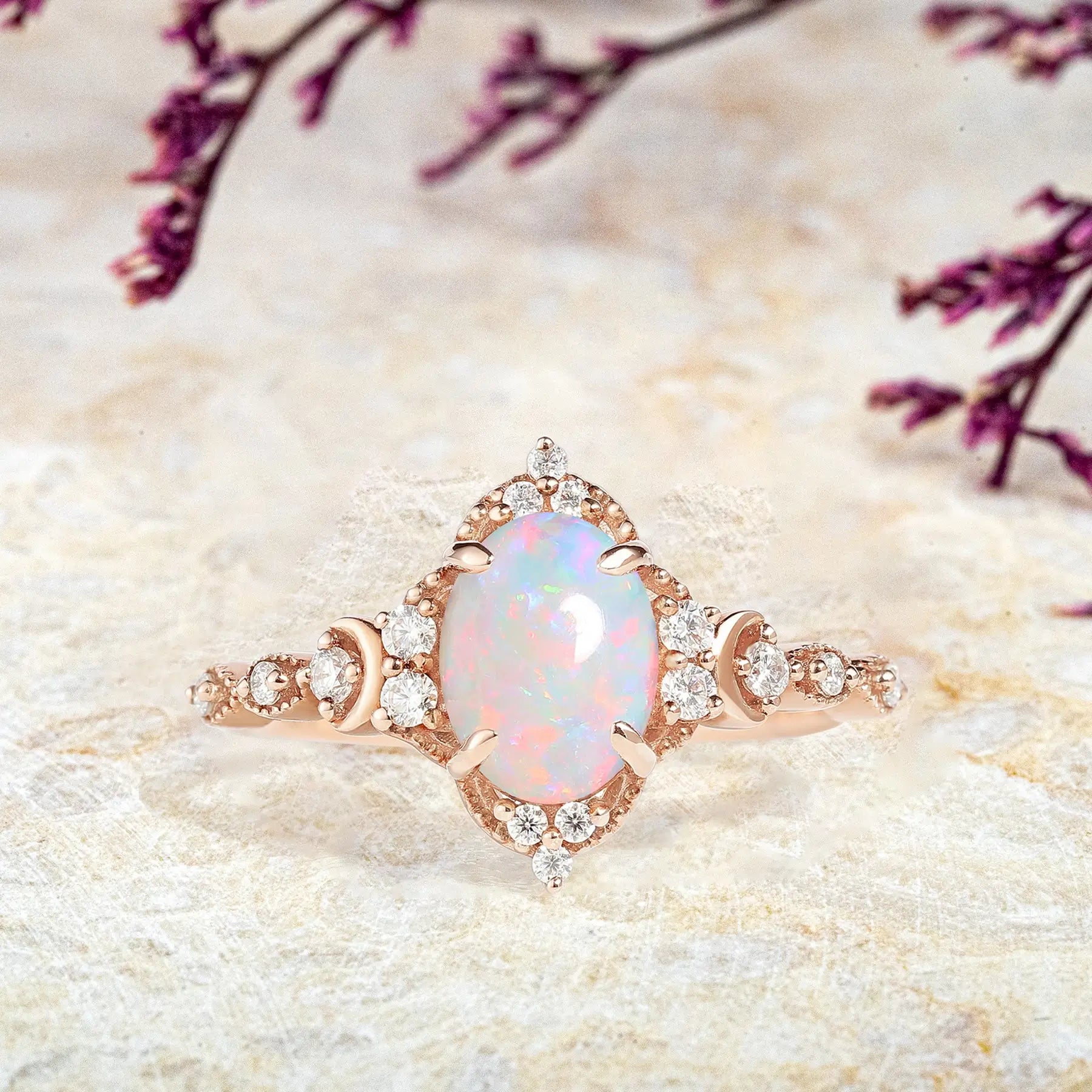 Unique Oval Opal Moon Engagement Ring October Birthstone Rings anniversary gift promise ring for ladies