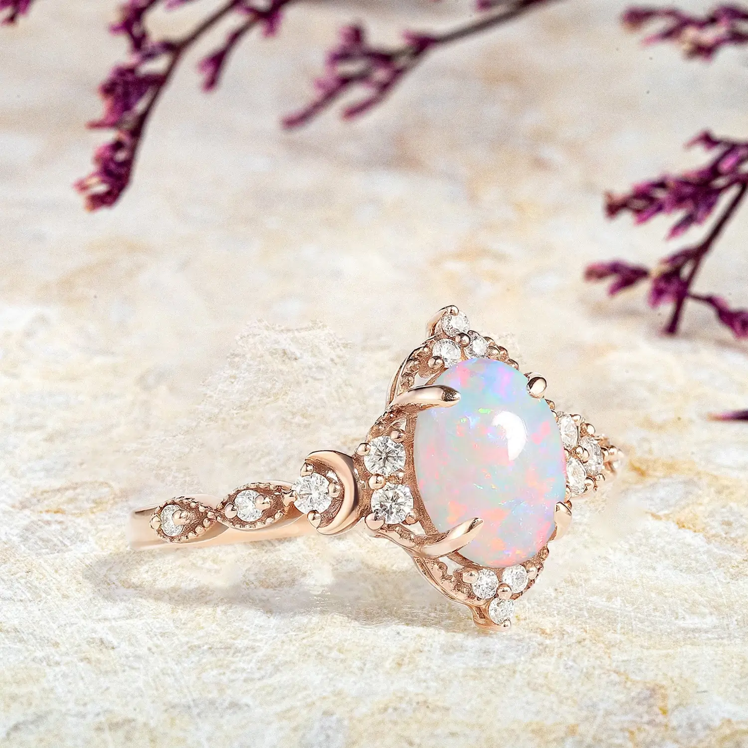 Unique Oval Opal Moon Engagement Ring October Birthstone Rings anniversary gift promise ring for ladies