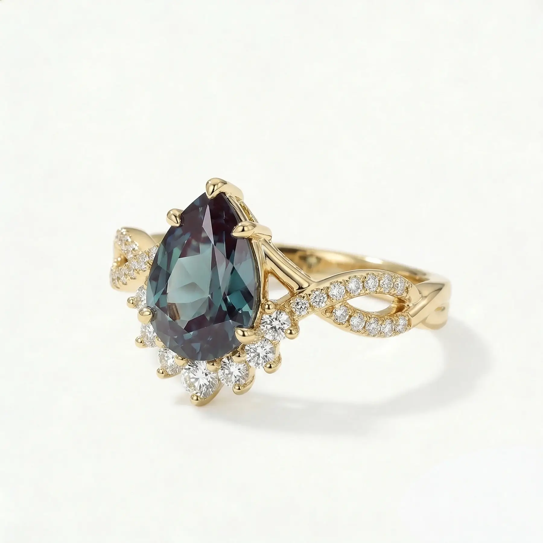 twisted infinity engagement ring alexandrite and moissanite pavé