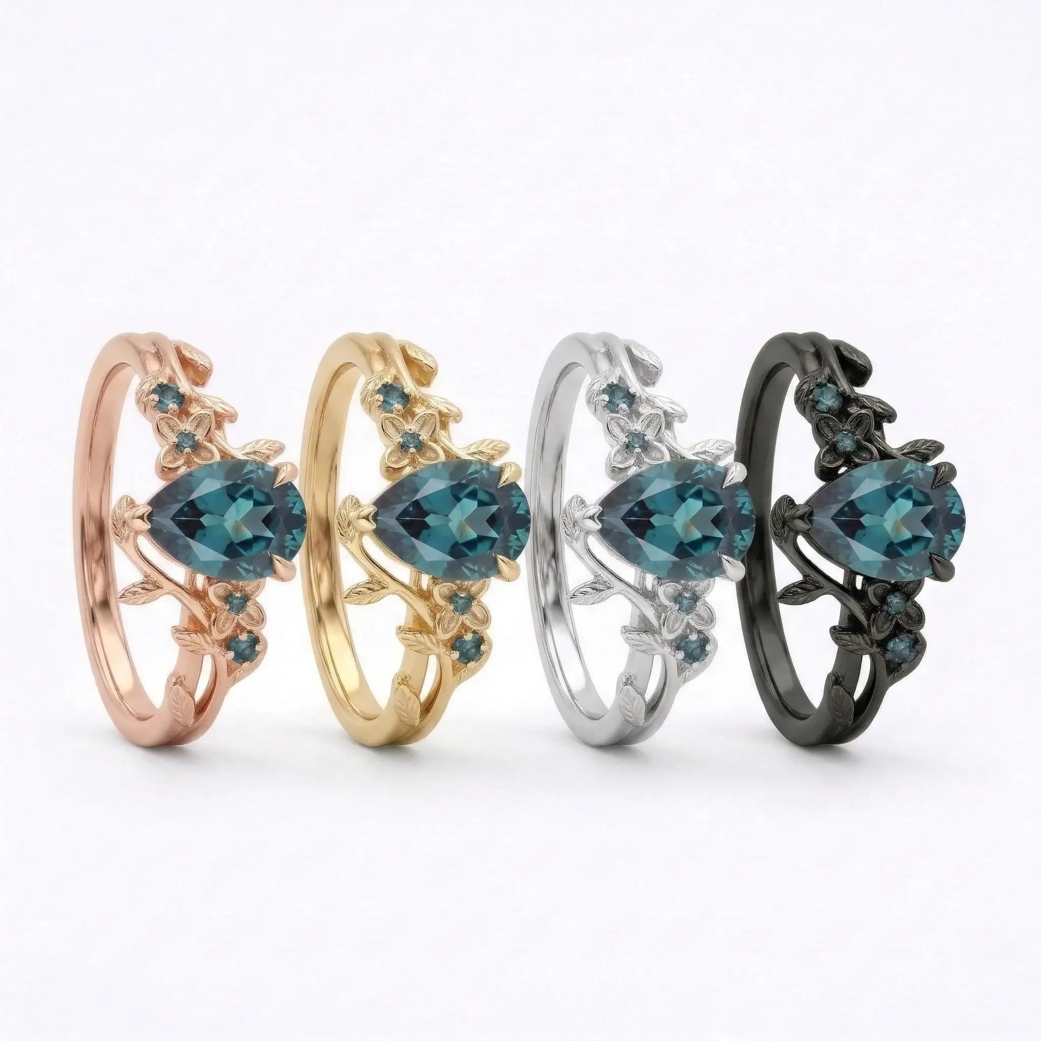 Pear cut alexandrite engagement ring with floral leaf band - 4 color jewelry