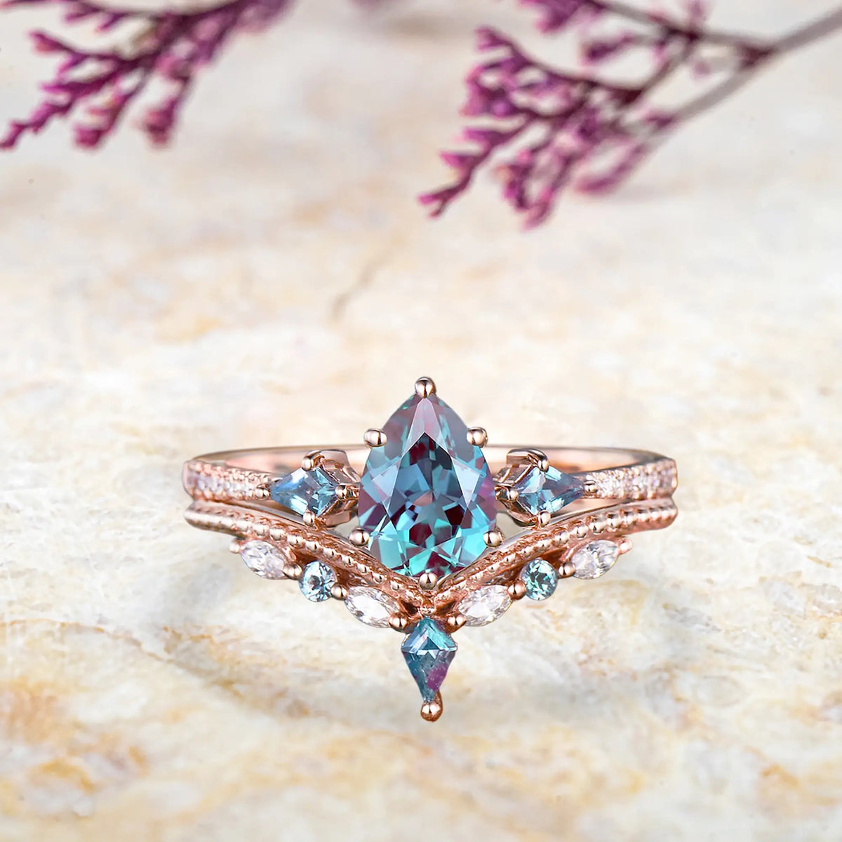 Pear alexandrite bridal set in rose gold with kite diamond accents vintage design