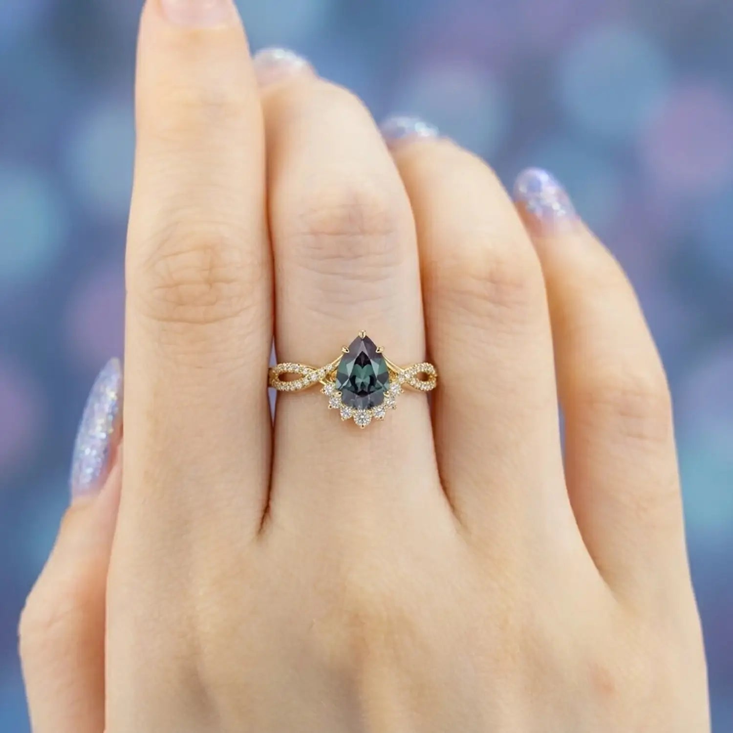 unique alexandrite ring pear cut color changing gemstone ring for women