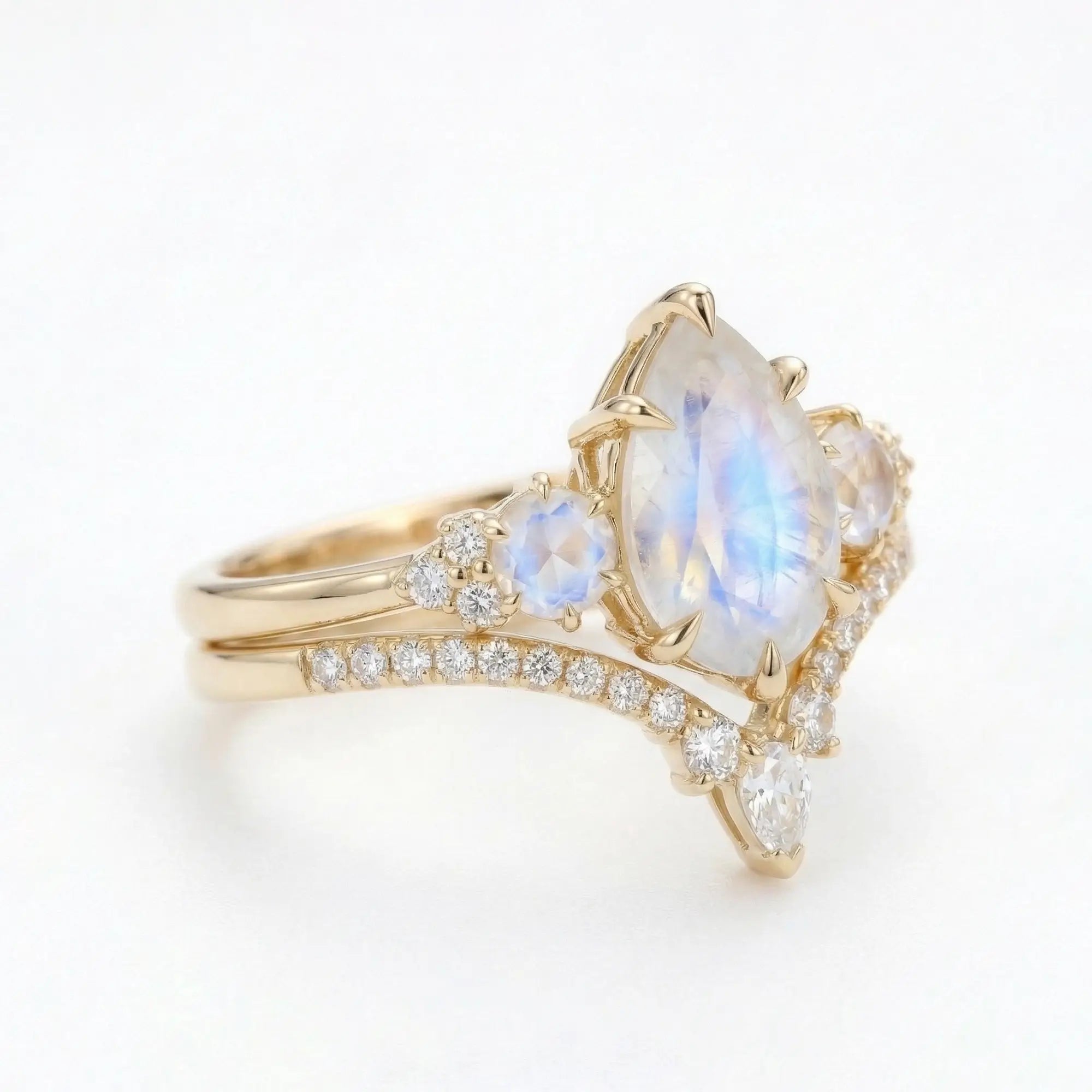pear moonstone engagement ring with contour moissanite wedding band curved bridal set vintage inspired gold ring