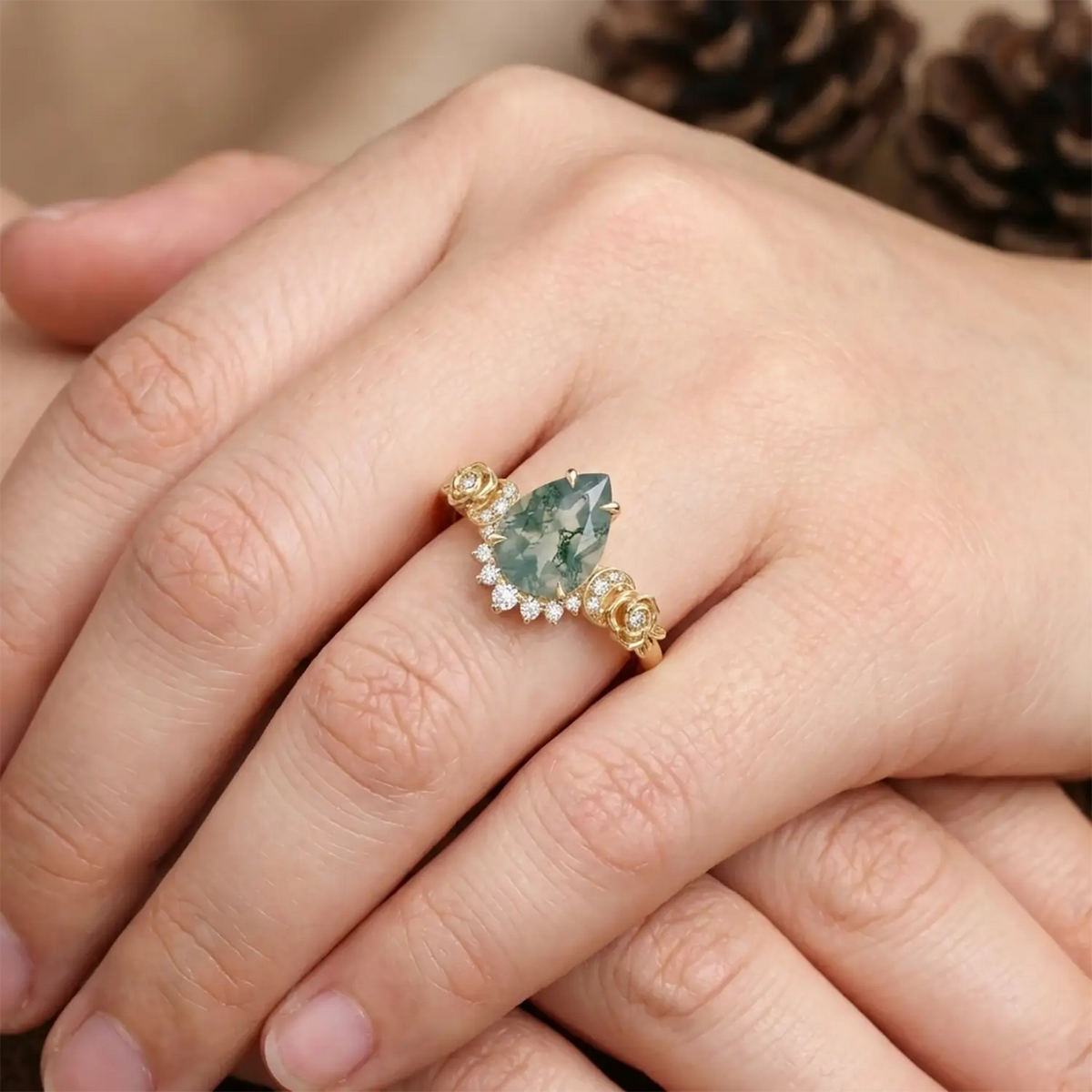pear cut moss agate floral engagement ring with rose blossom band nature inspired vintage moss agate ring for women