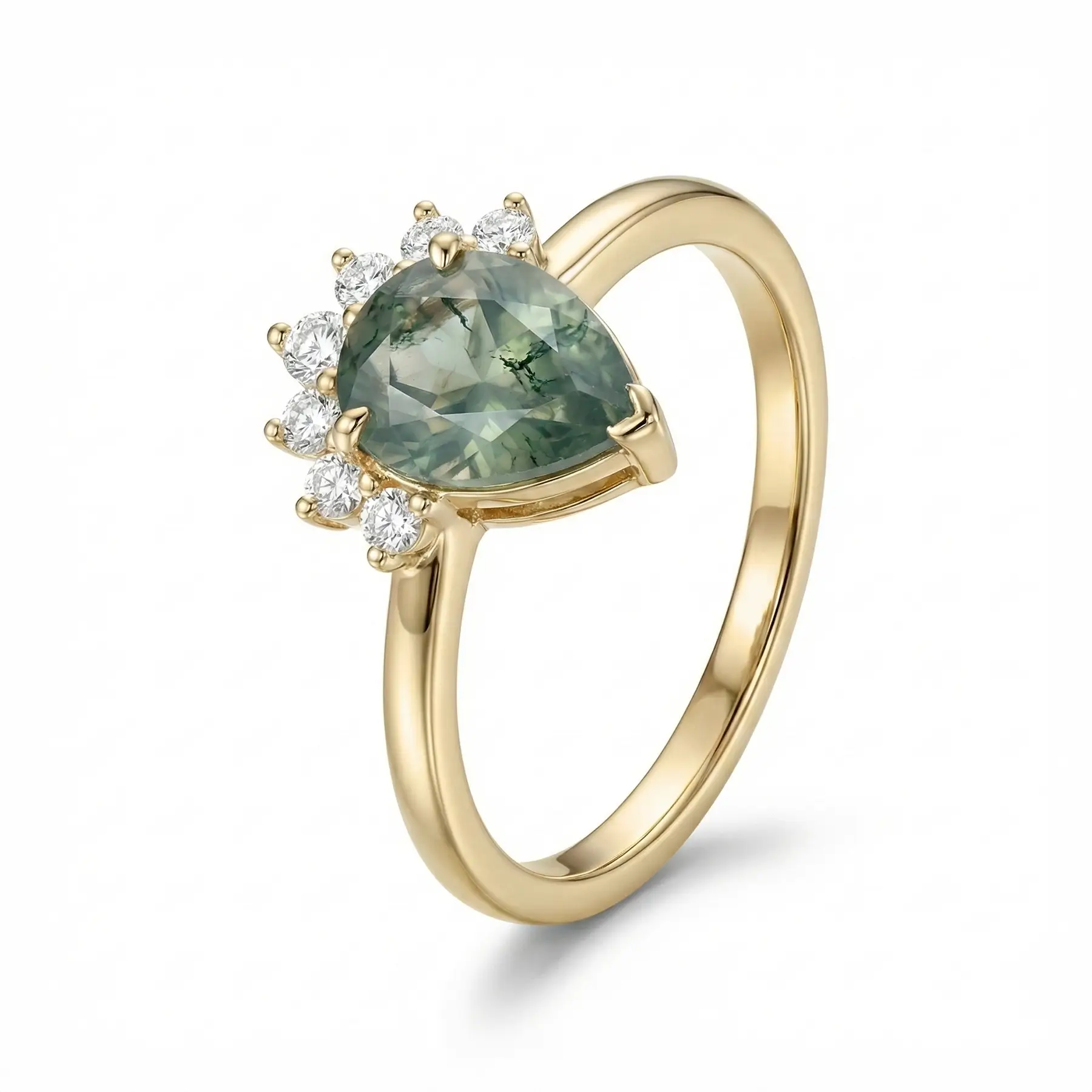 Side view of moss agate half-halo ring showing yellow gold band and crown details
