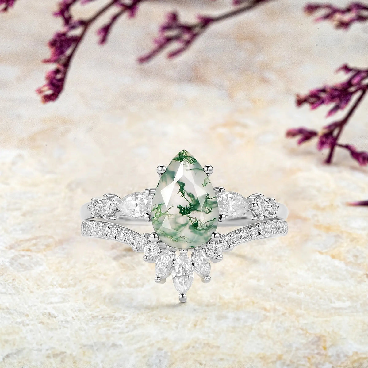Lyara — Pear Moss Agate Ring Set | Modern Staccato 2pcs Engagement & Wedding Ring
