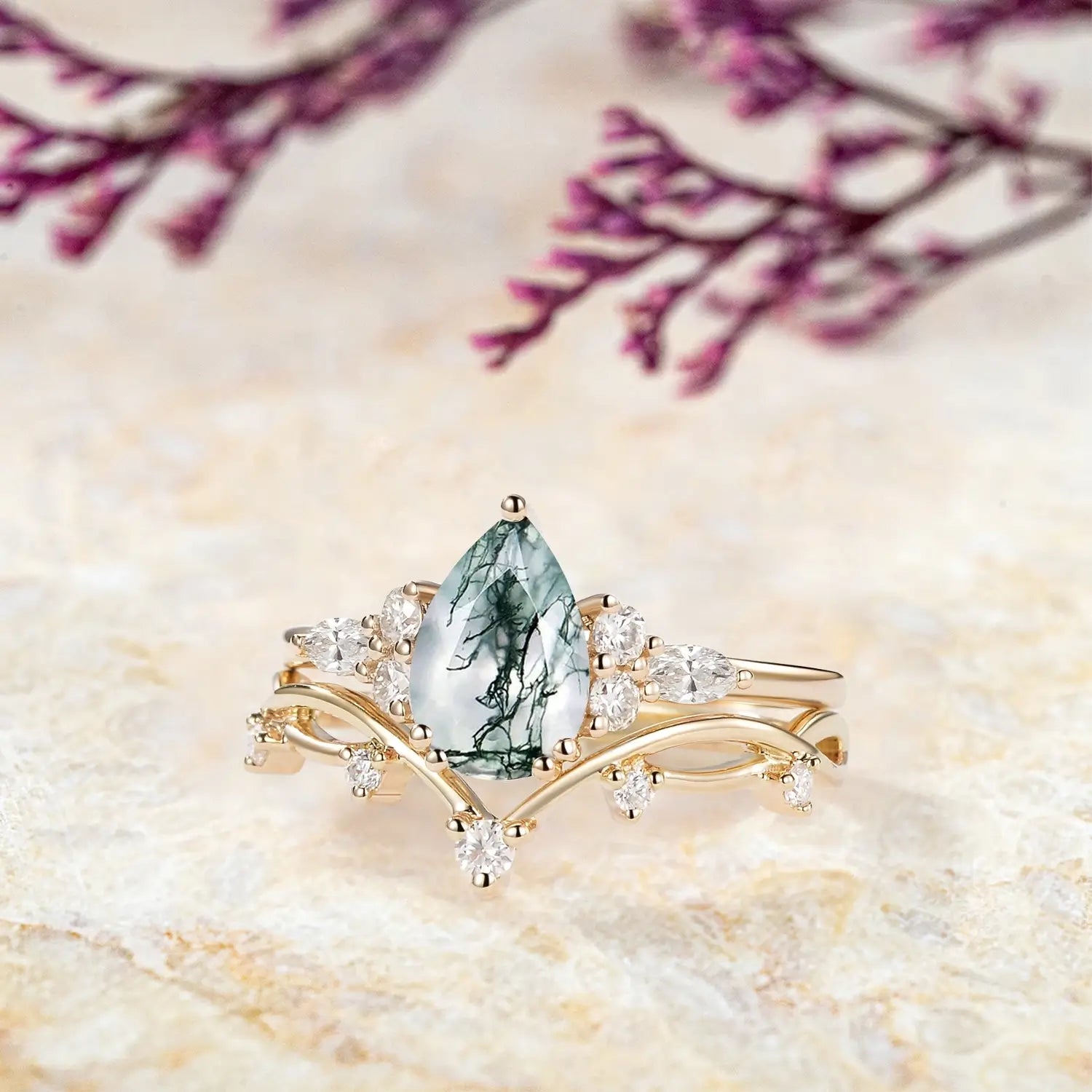 Handcrafted moss agate bridal set — solid 14K rose gold and VS–VVS moissanite accents.