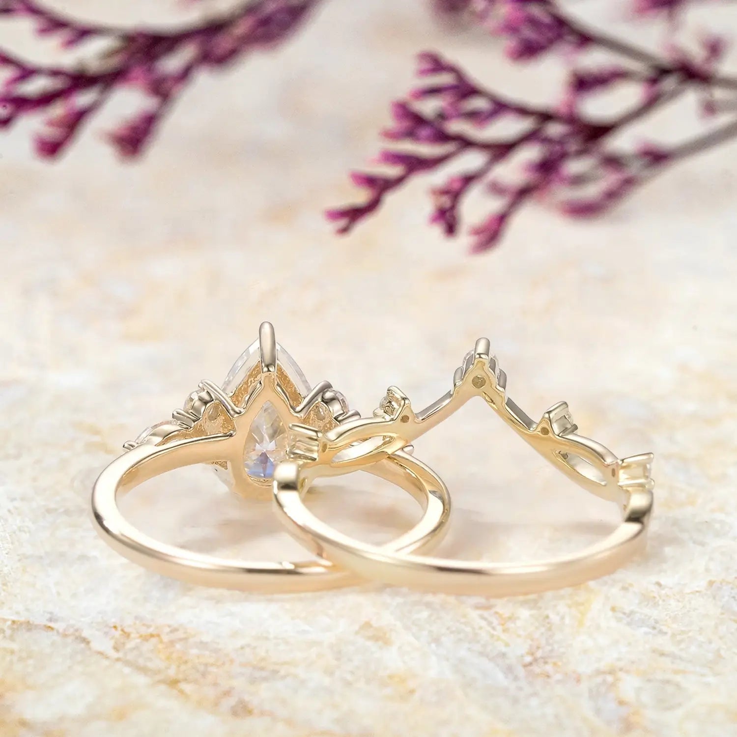 custom gold ring, chevron stacking band, moissanite accent ring, handmade rose gold engagement set