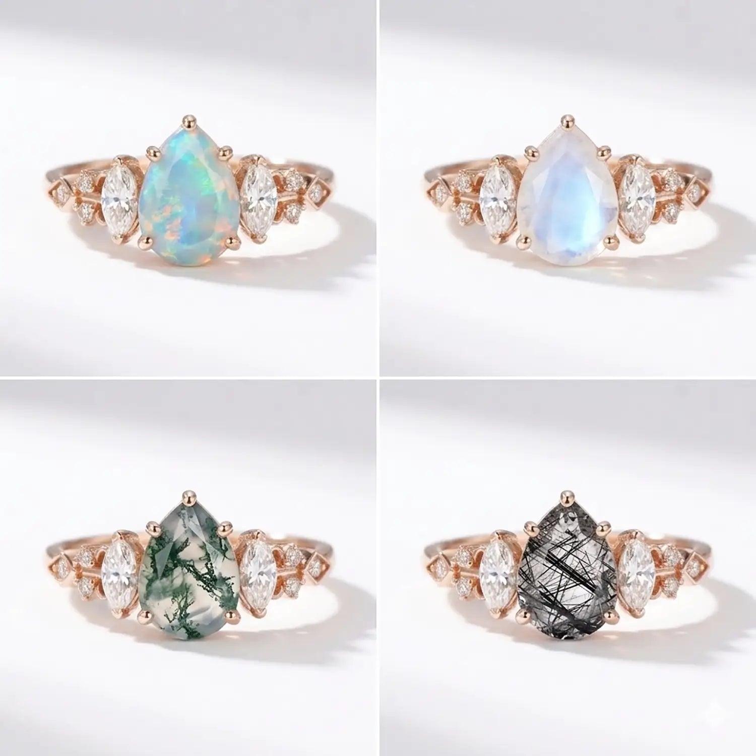 natural white opal engagement ring moissanite accent ring moonstone mossagate stone