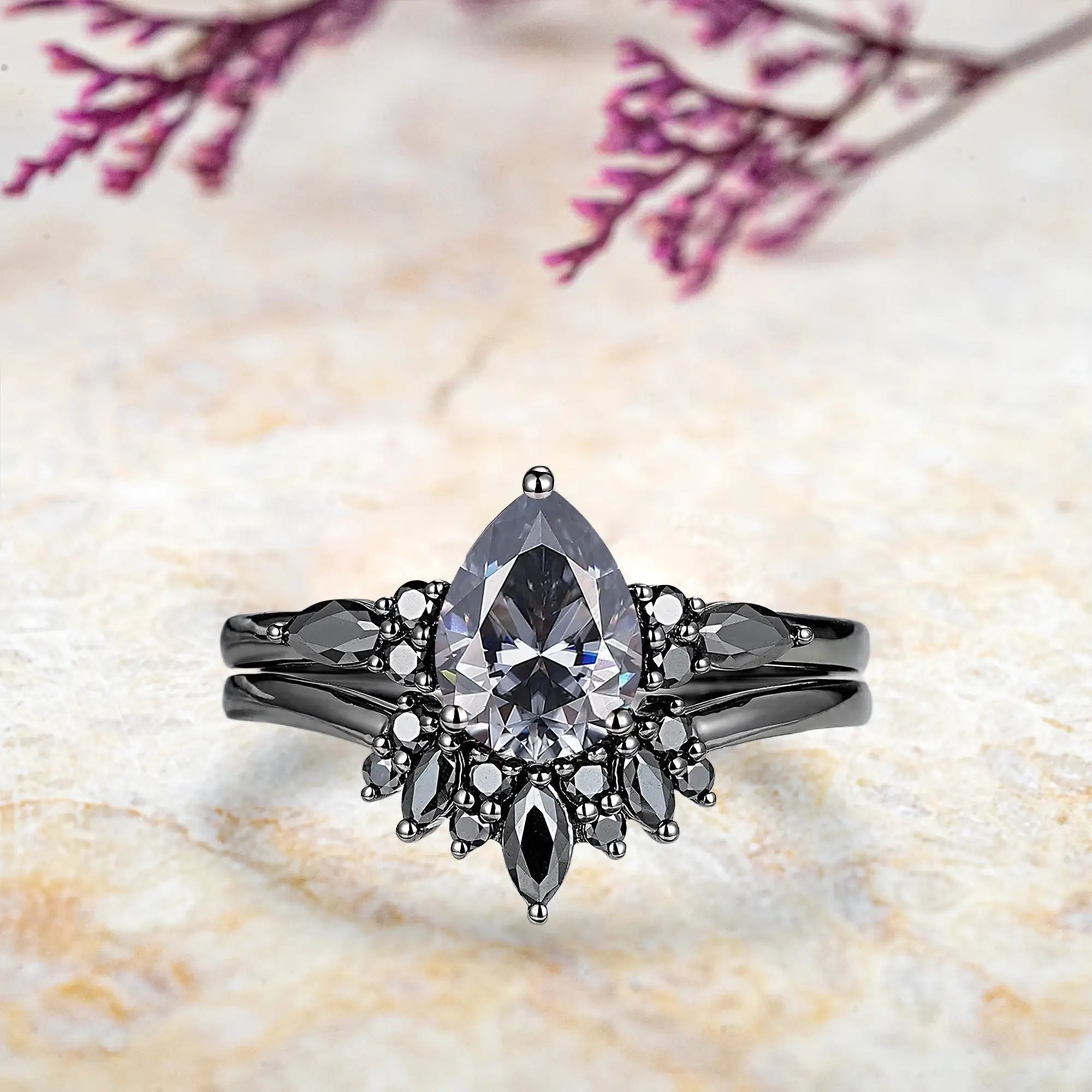 Pear gray moissanite engagement ring with black moissanite marquise cluster and onyx sunburst wedding band set