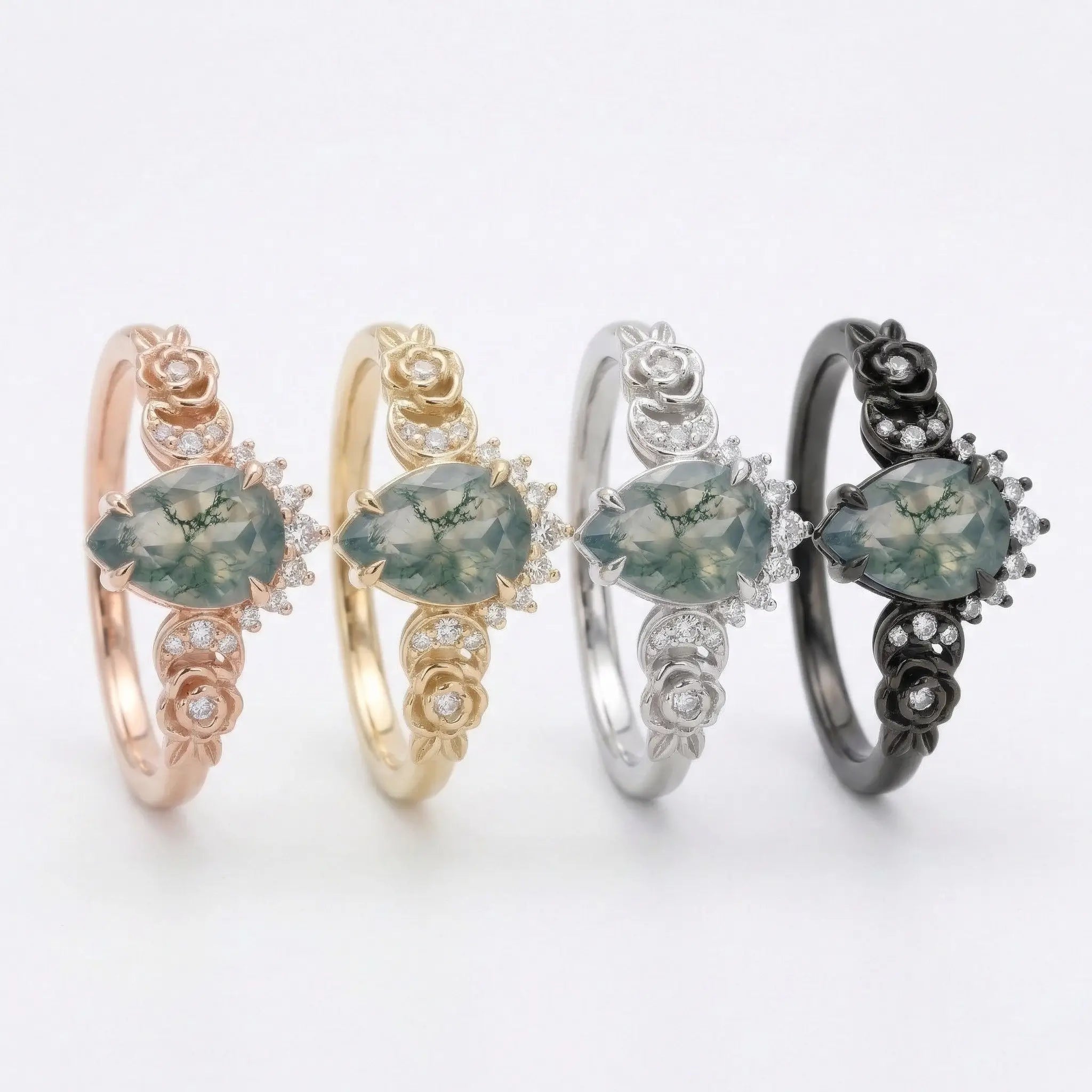 pear moss agate floral engagement ring nature inspired rose blossom ring 4color