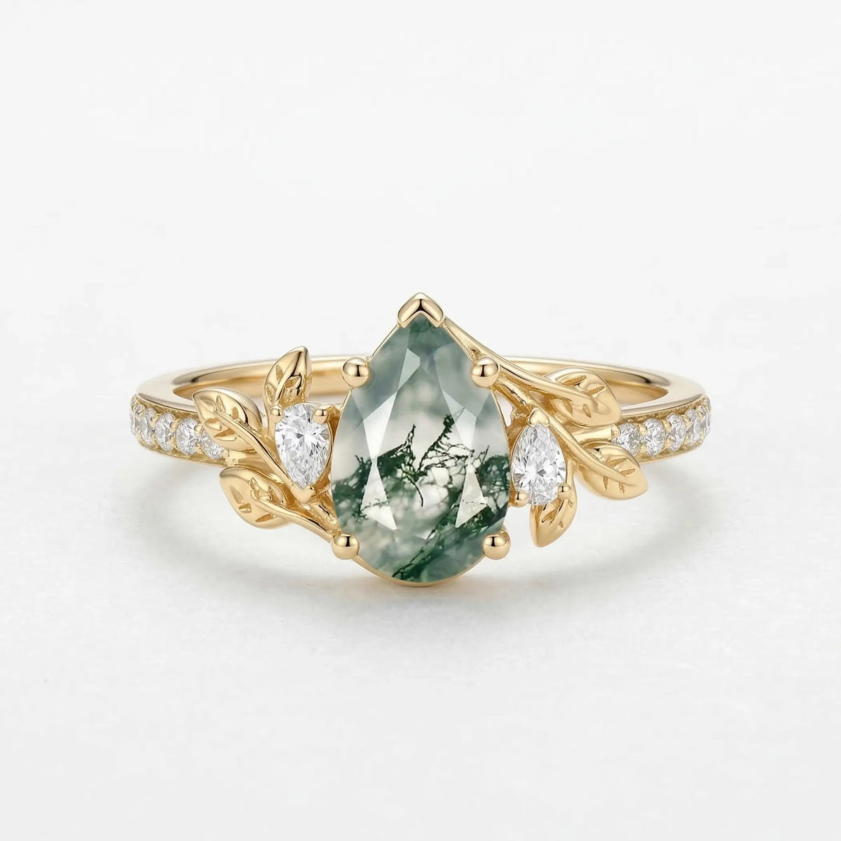pear moss agate leaf engagement ring nature inspired moss agate promise ring with moissanite accents