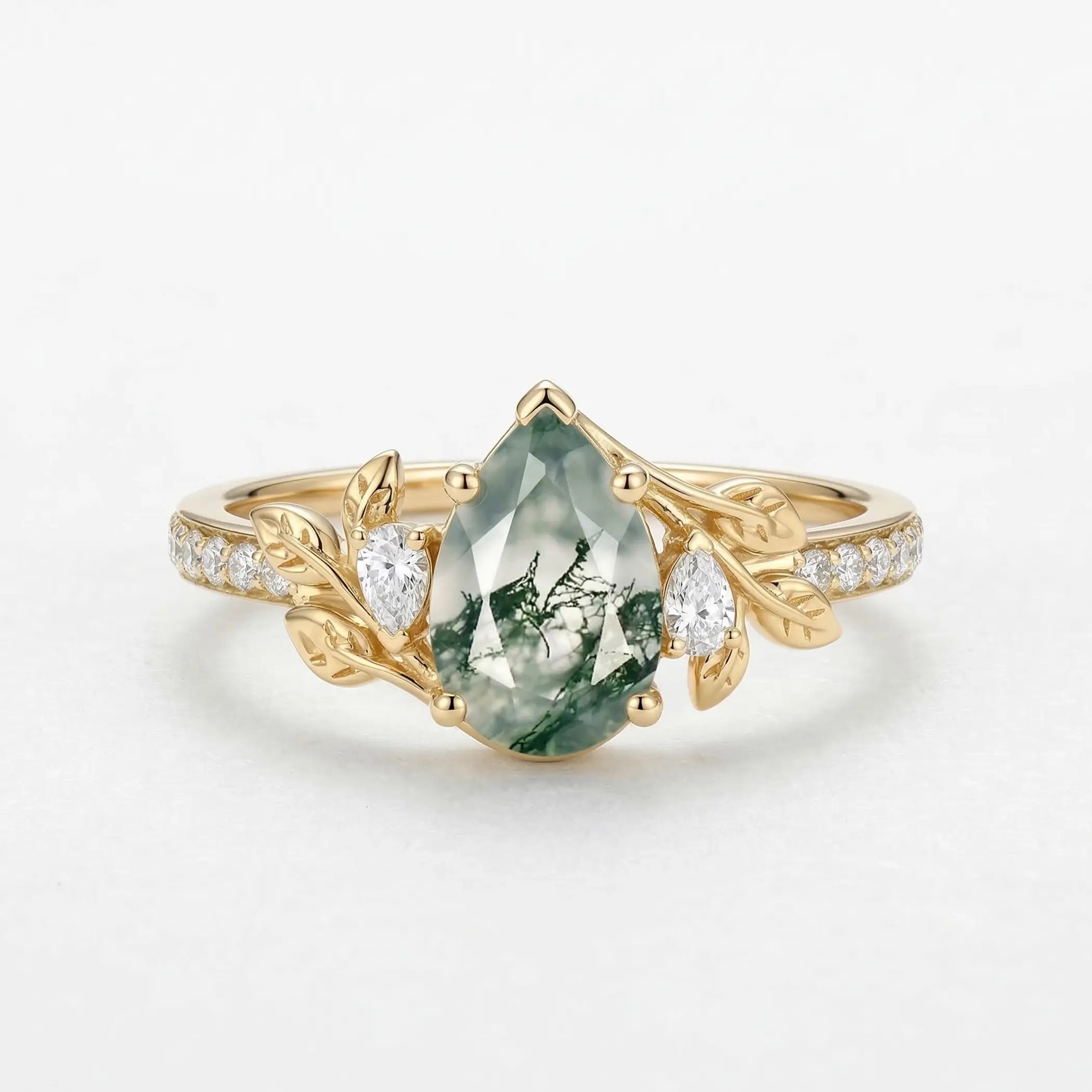 pear moss agate leaf engagement ring nature inspired moss agate promise ring with moissanite accents