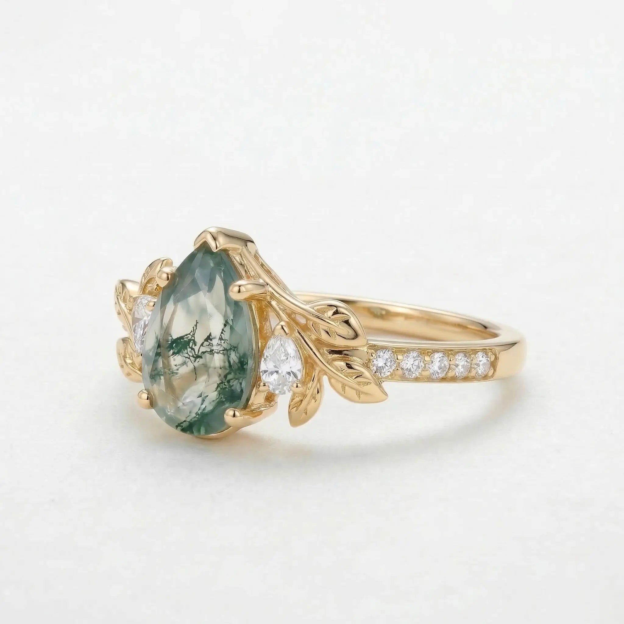 pear moss agate leaf engagement ring with pave moissanite band nature inspired gold ring