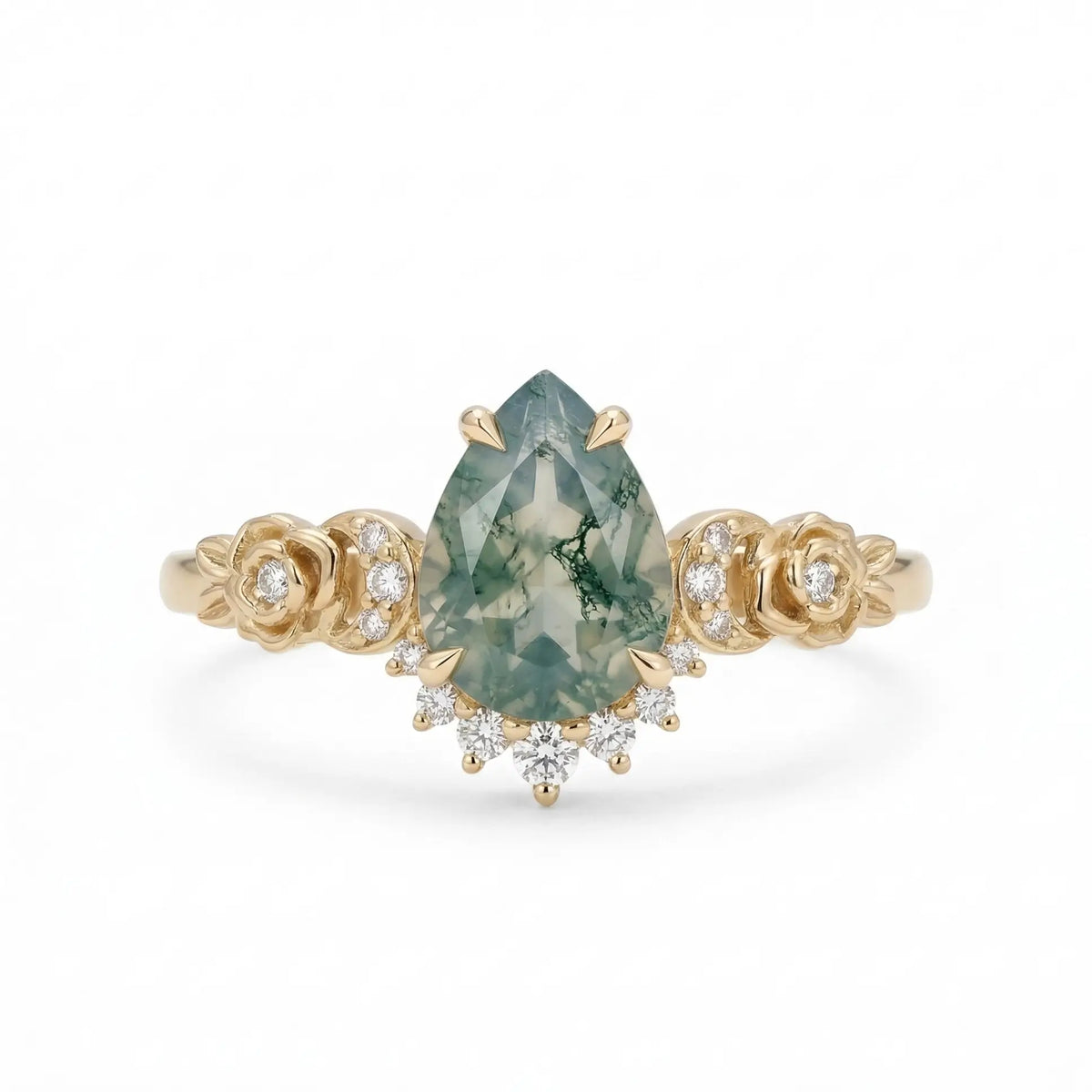 pear shaped moss agate rose blossom engagement ring nature inspired floral moss agate ring with moissanite accents